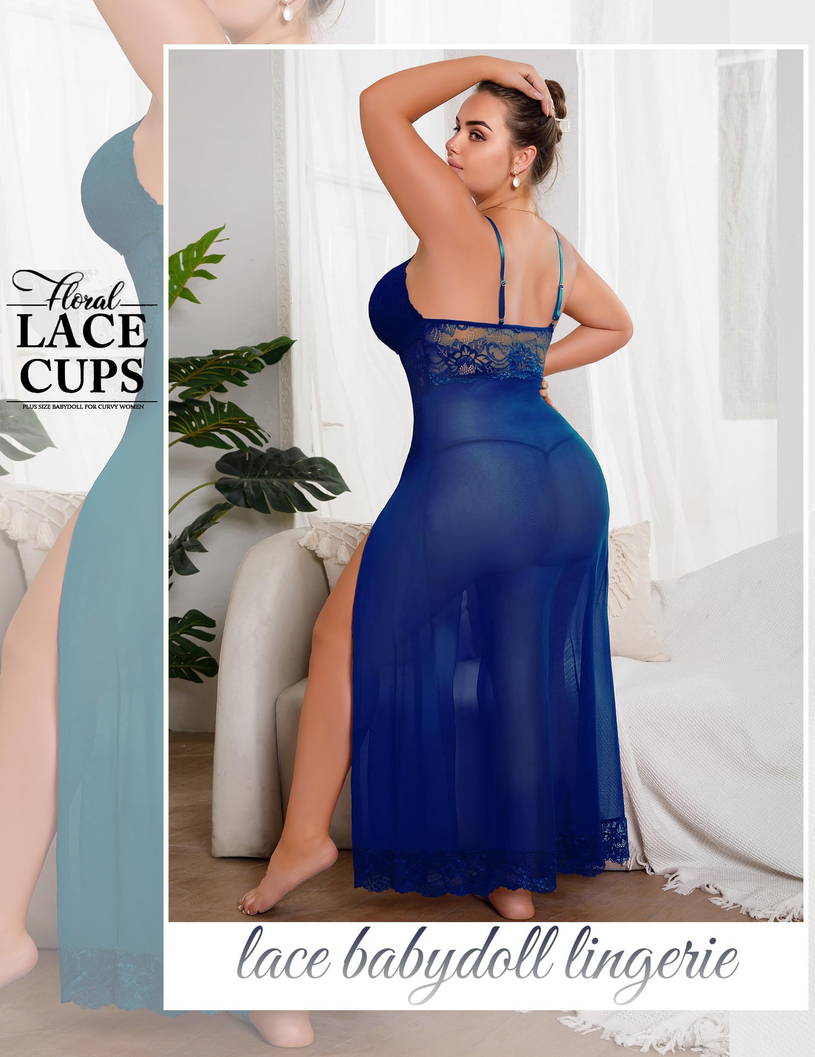 Plus Size Lingerie For Women Babydoll Sexy Mesh Maxi Nightdress Exotic Sleepwear Side Slits