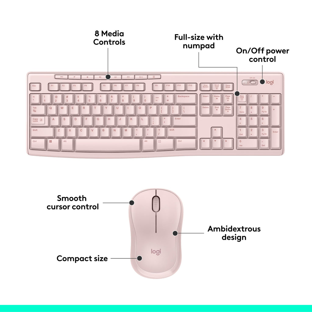 Rose Wireless Keyboard and Mouse Combo â€?2.4 GHz, Compact Mouse, 8 Multimedia Shortcuts, Long-Lasting 2-Year Battery, Compatible with Windows PC & Laptop