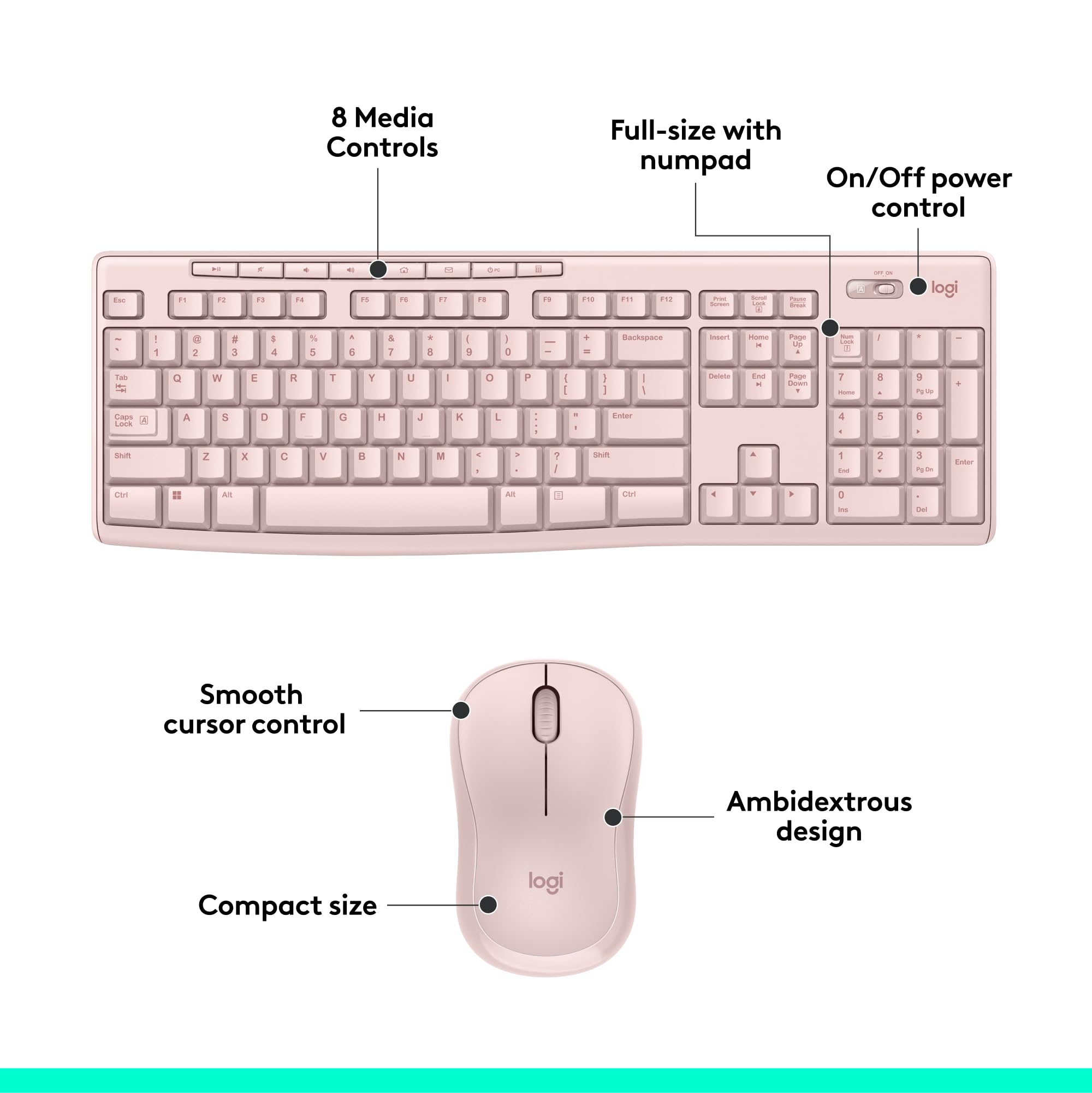 Rose Wireless Keyboard and Mouse Combo â€?2.4 GHz, Compact Mouse, 8 Multimedia Shortcuts, Long-Lasting 2-Year Battery, Compatible with Windows PC & Laptop