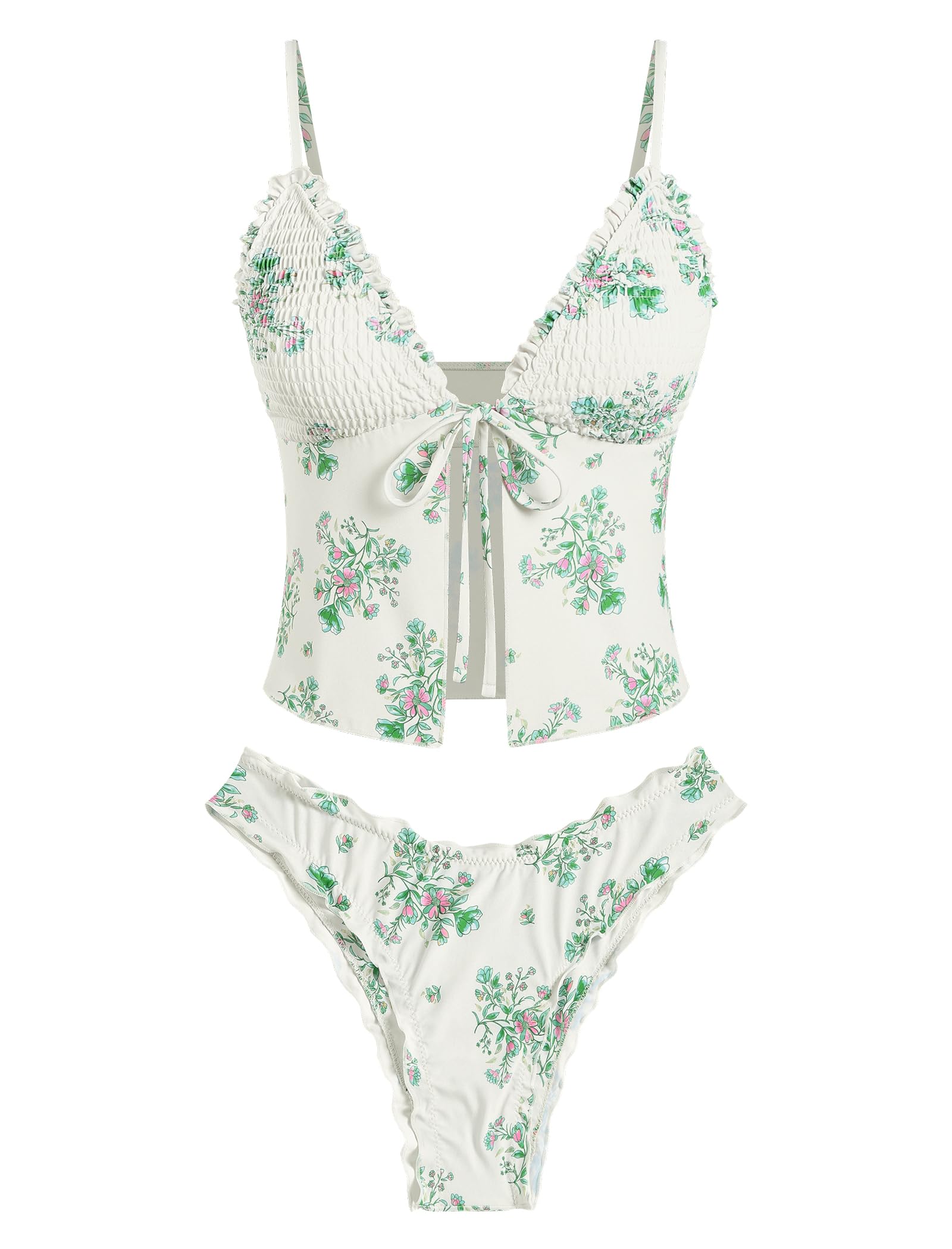 Tankini Swimsuits for Women Smocked Ruffles Tie Front Bowknot Textured High Cut Tanga Tankini Set