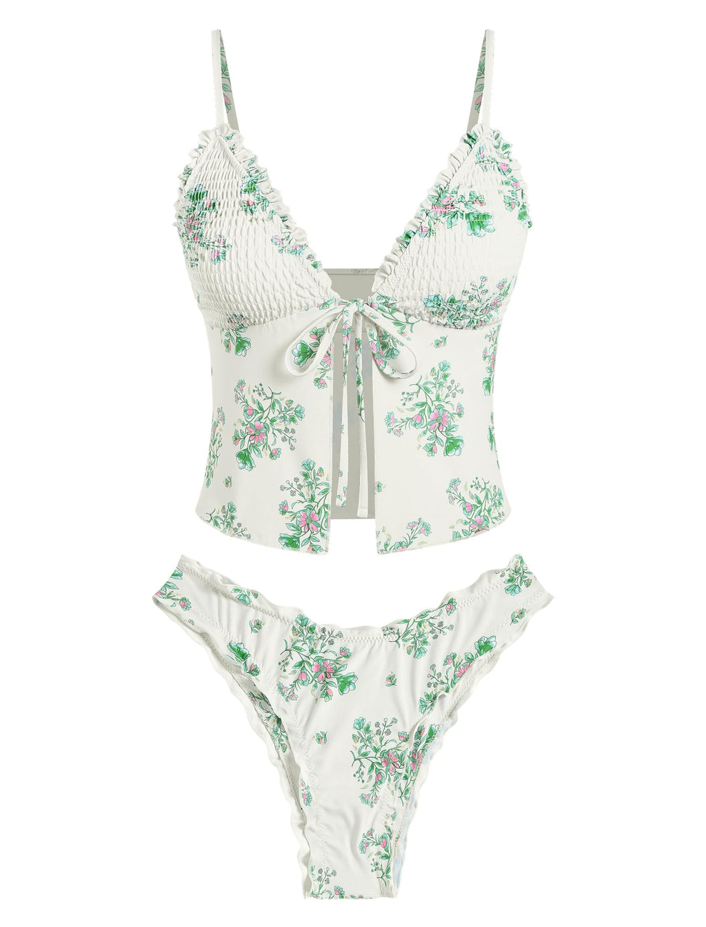 Tankini Swimsuits for Women Smocked Ruffles Tie Front Bowknot Textured High Cut Tanga Tankini Set