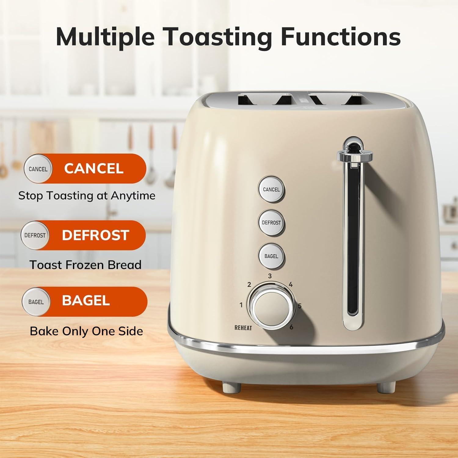 Toaster 2 Slice Stainless Steel with 6 Bread Shade Settings, Retro Toaster with Extra Wide Slot