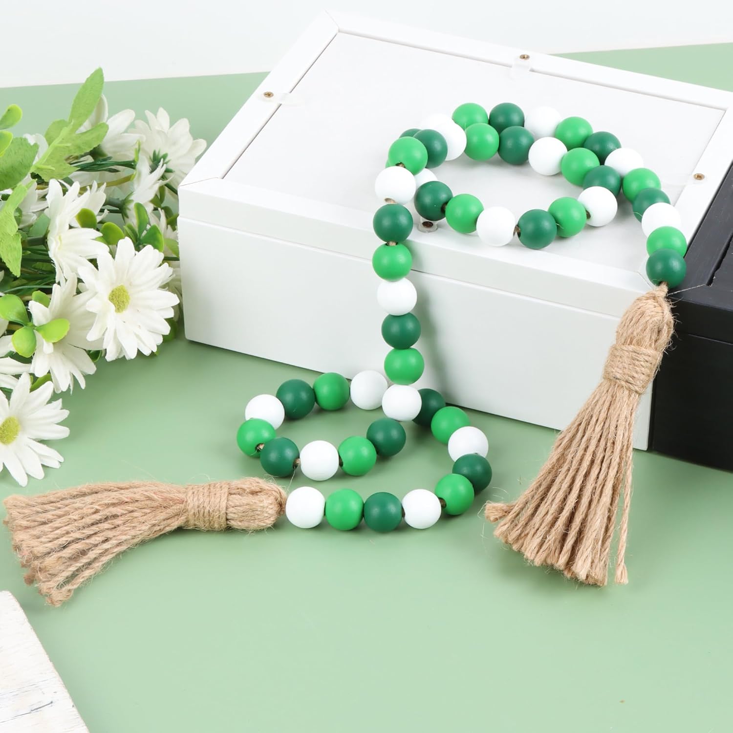 Wood Bead Garland,39in Farmhouse Beads with Tassels Boho Beads for Tiered Tray Decorative Beads Home Decor