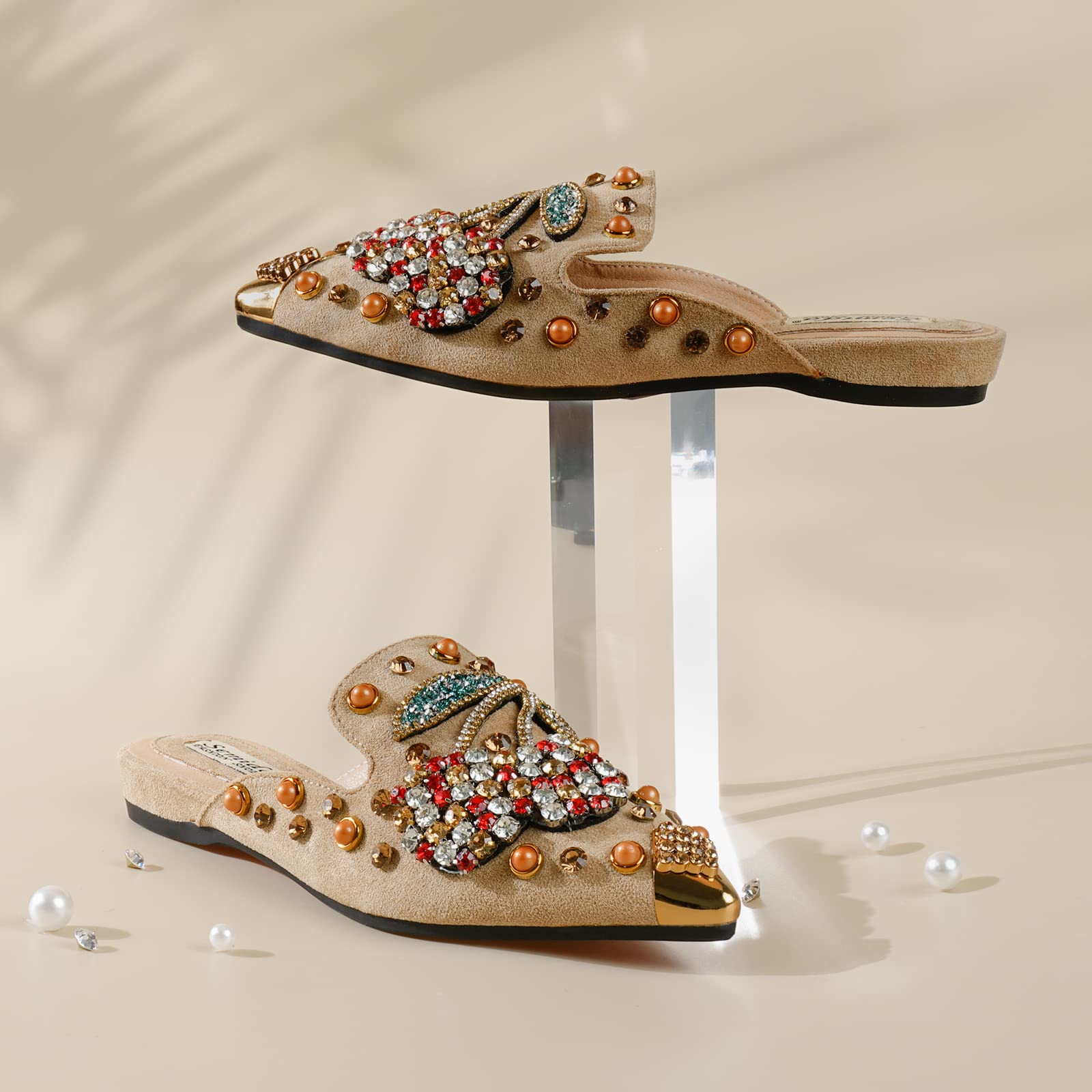 Mules for Women Flats Comfortable Soft Memory Foam Insole Pointed Rivet Mule Shoes