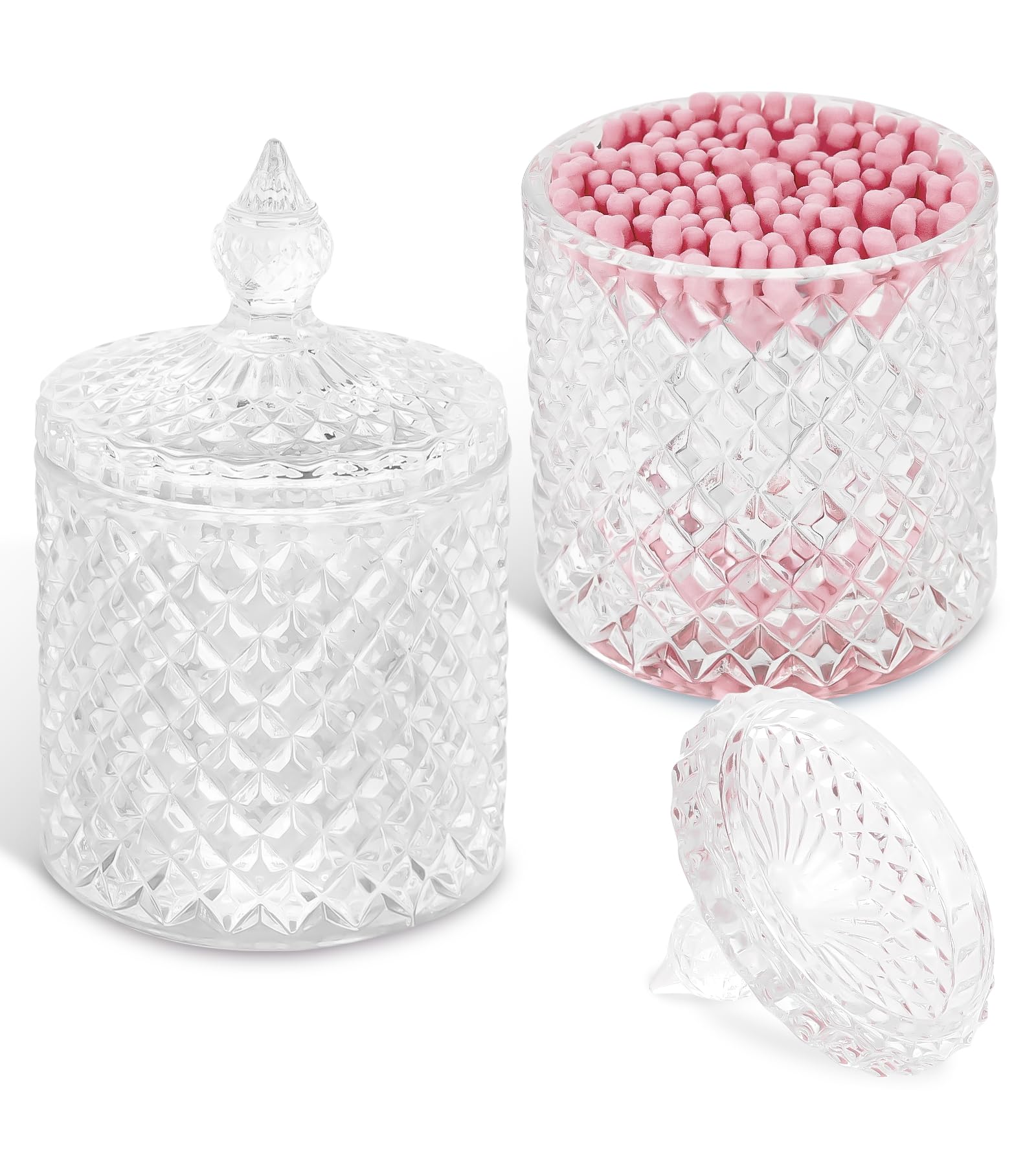 Cute Glass Apothecary Jars with Lid, Pink Cotton Ball Pad Round Container Holders and Vanity Canister Storage Jar for Makeup Sponges, Floss, Hair Accessories 2 Pack