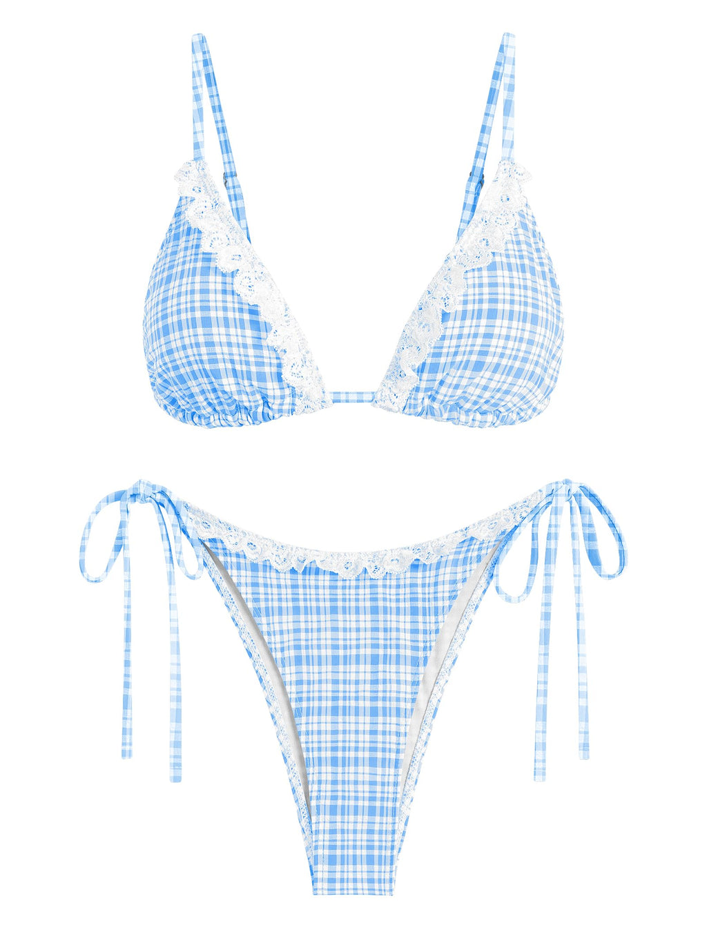 Women's Triangle Bikini Lace Frilled Ruffles Gingham Print Tie Side Spaghetti Strap 2 Pieces Bikini Swimsuit