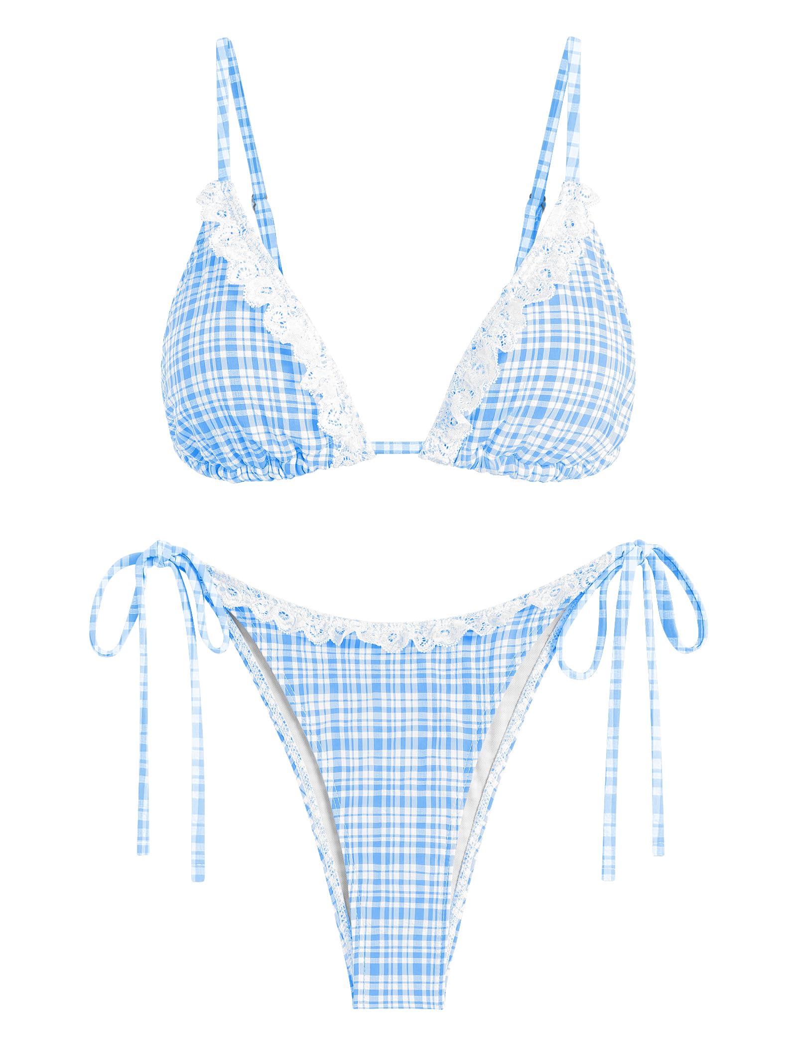 Women's Triangle Bikini Lace Frilled Ruffles Gingham Print Tie Side Spaghetti Strap 2 Pieces Bikini Swimsuit