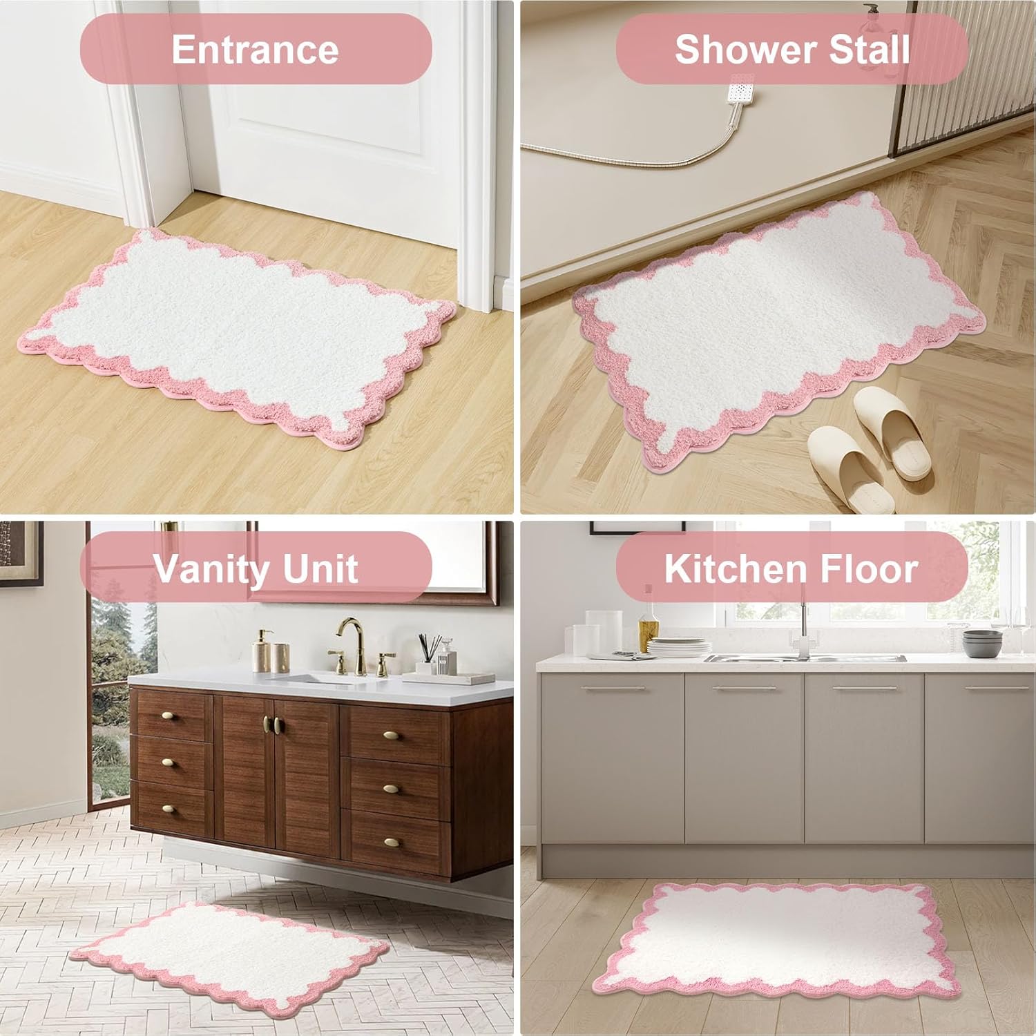 Cute Scalloped Bath Mat, Fun Plush Microfiber Scallop Bathroom Rugs Non Slip Washable Quick Dry Absorbent