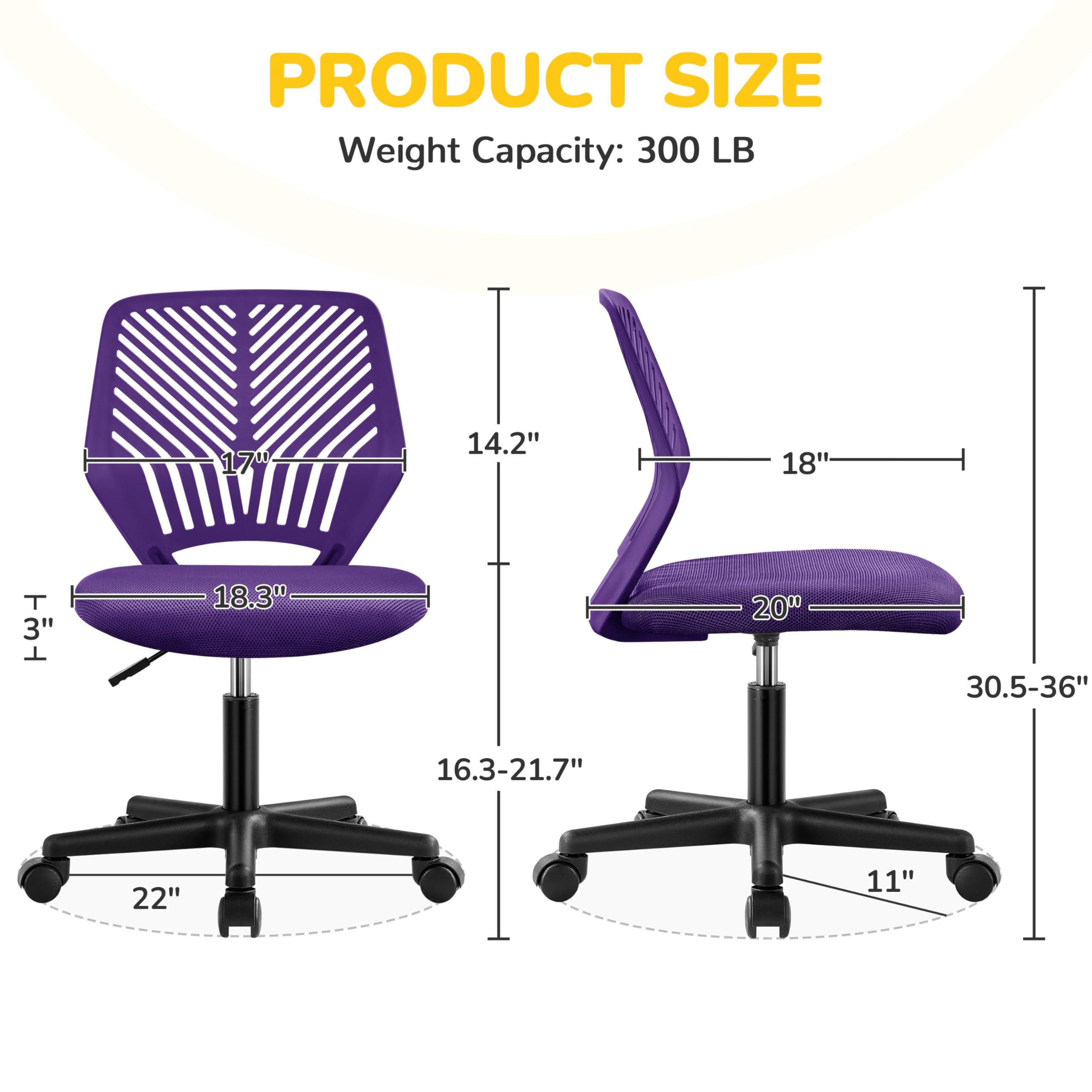 Cute Low-Back Armless Study w/Lumbar Support Adjustable Swivel Chair
