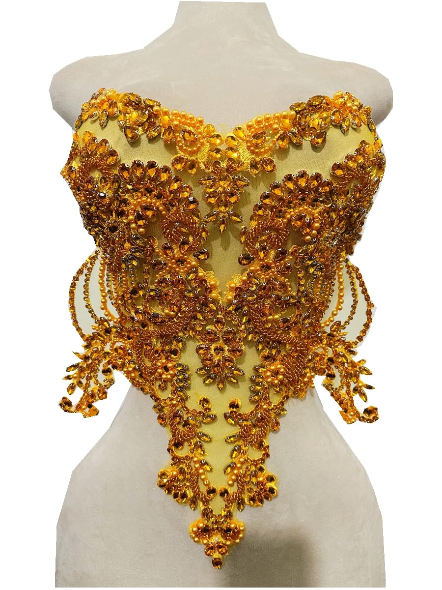 Handmade red/Blue/Gold/Green Rhinestones lace Bodice Applique Sewing Beads Crystal Trim Patches Accessory for Dress Clothes (Rose red)