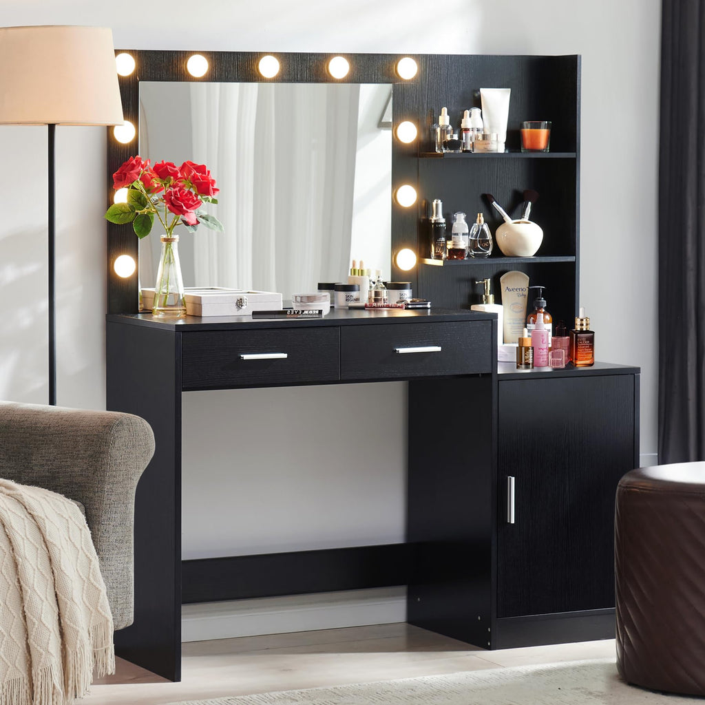 Vanity Desk with Mirror and LED Light Strip,Dressing Table with Large Drawer, 3 Level Storage Dresser & 3 Lighting Modes Adjustable Brightness