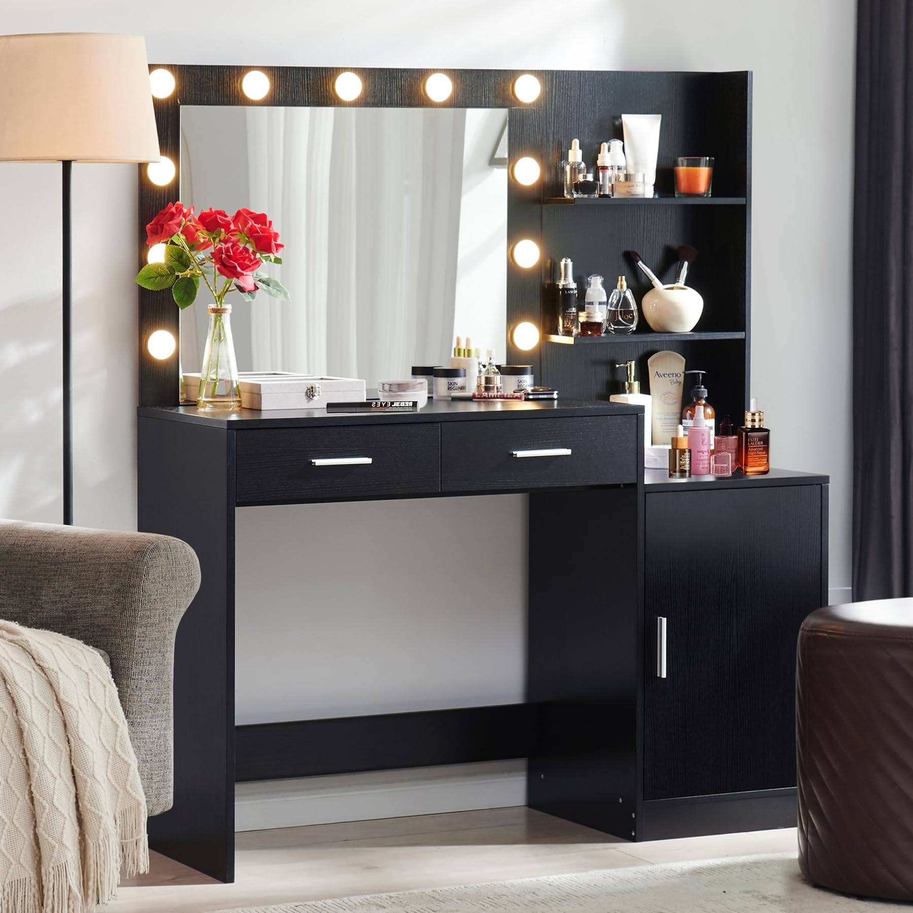Vanity Desk with Mirror and LED Light Strip,Dressing Table with Large Drawer, 3 Level Storage Dresser & 3 Lighting Modes Adjustable Brightness