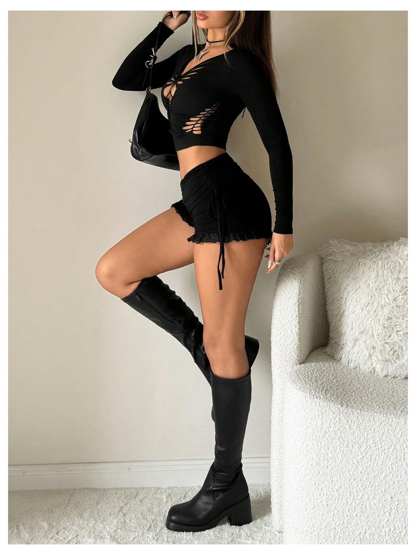 Women's Side Drawstring Lace Ruffle Shorts Y2K Ruched Low Rise Mini Stretchy Slim Fit Micro Shorts