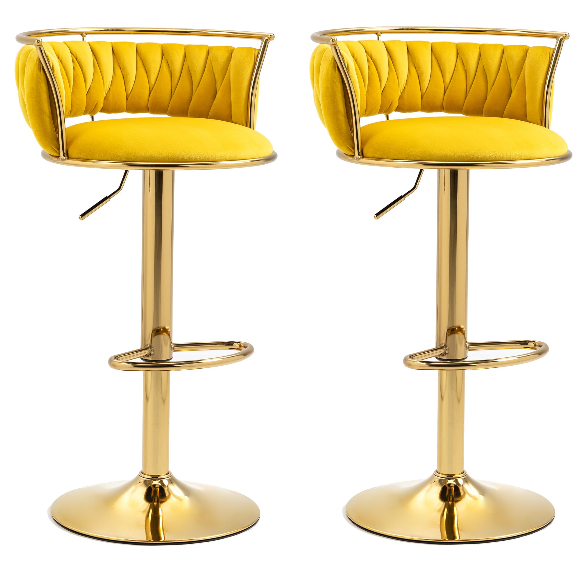 Velvet Swivel Bar Stools, Adjustable Counter Height Bar Chairs with Low Back & Footrest, Modern Gold Bar Stools for Kitchen Island, Bar Pub