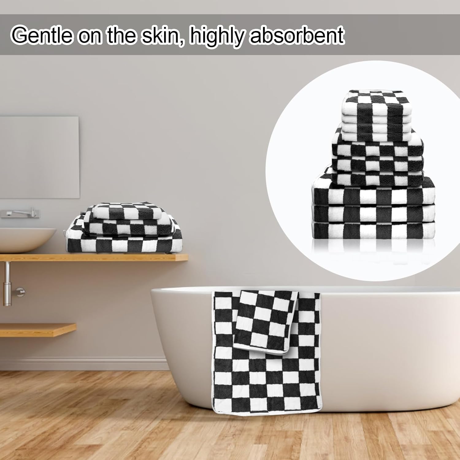 Checkered 10 Pcs Bath Towels Set Lightweight Soft Coral Fleece Flower Washcloth Quick Dry Bathroom Towel for Bathroom, Gym, Spa, Beach,(Black, Checkered)