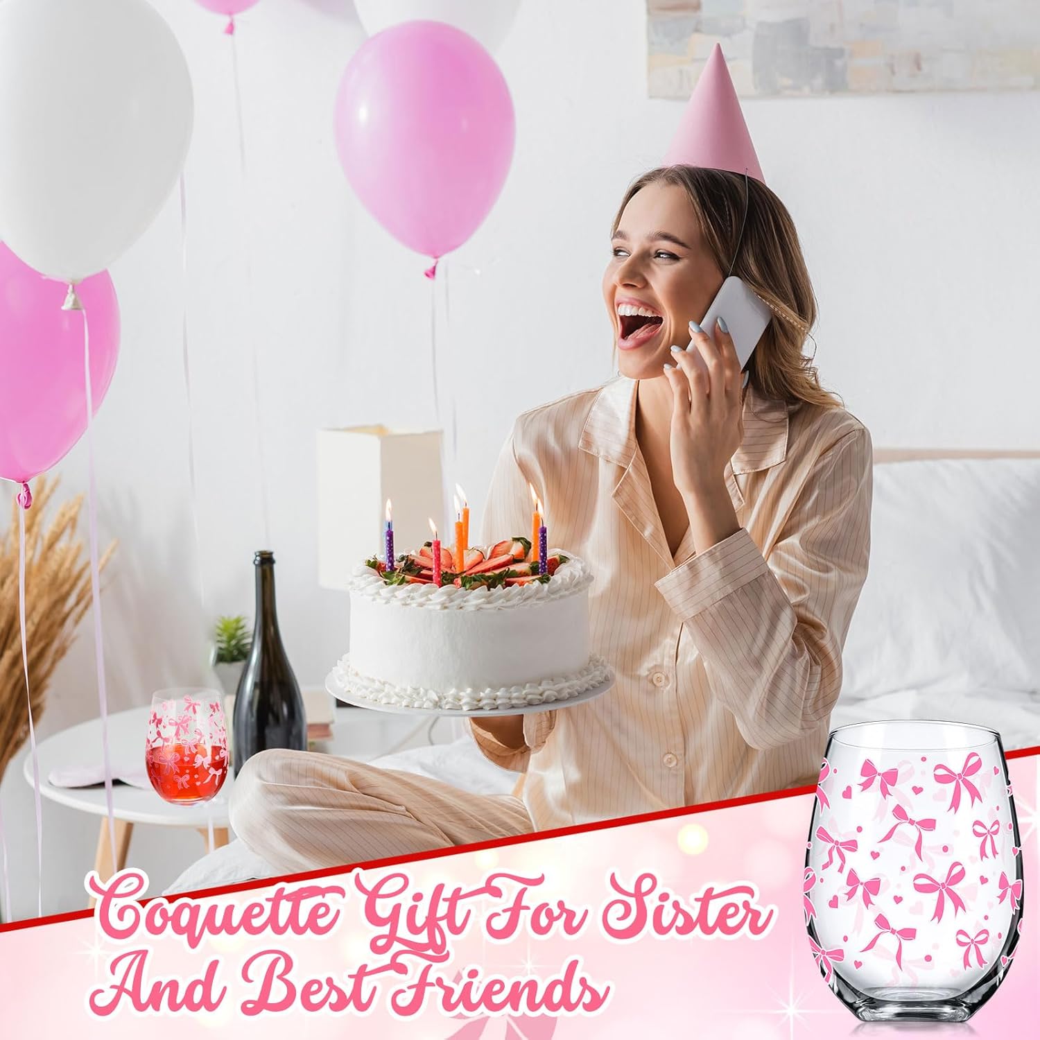 Pink Bow Stemless Wine Glass 17 Oz