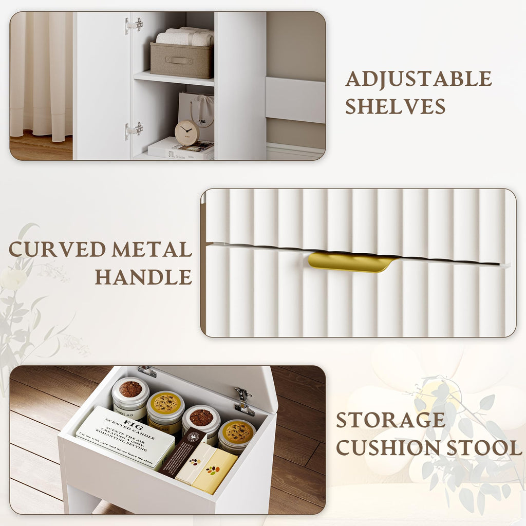 Makeup Vanity Desk with Mirror, Fluted Panel, Large LED Mirror, 3 Lighting Modes & Adjustable Brightness, Charging Station, Dressing Table with Stool