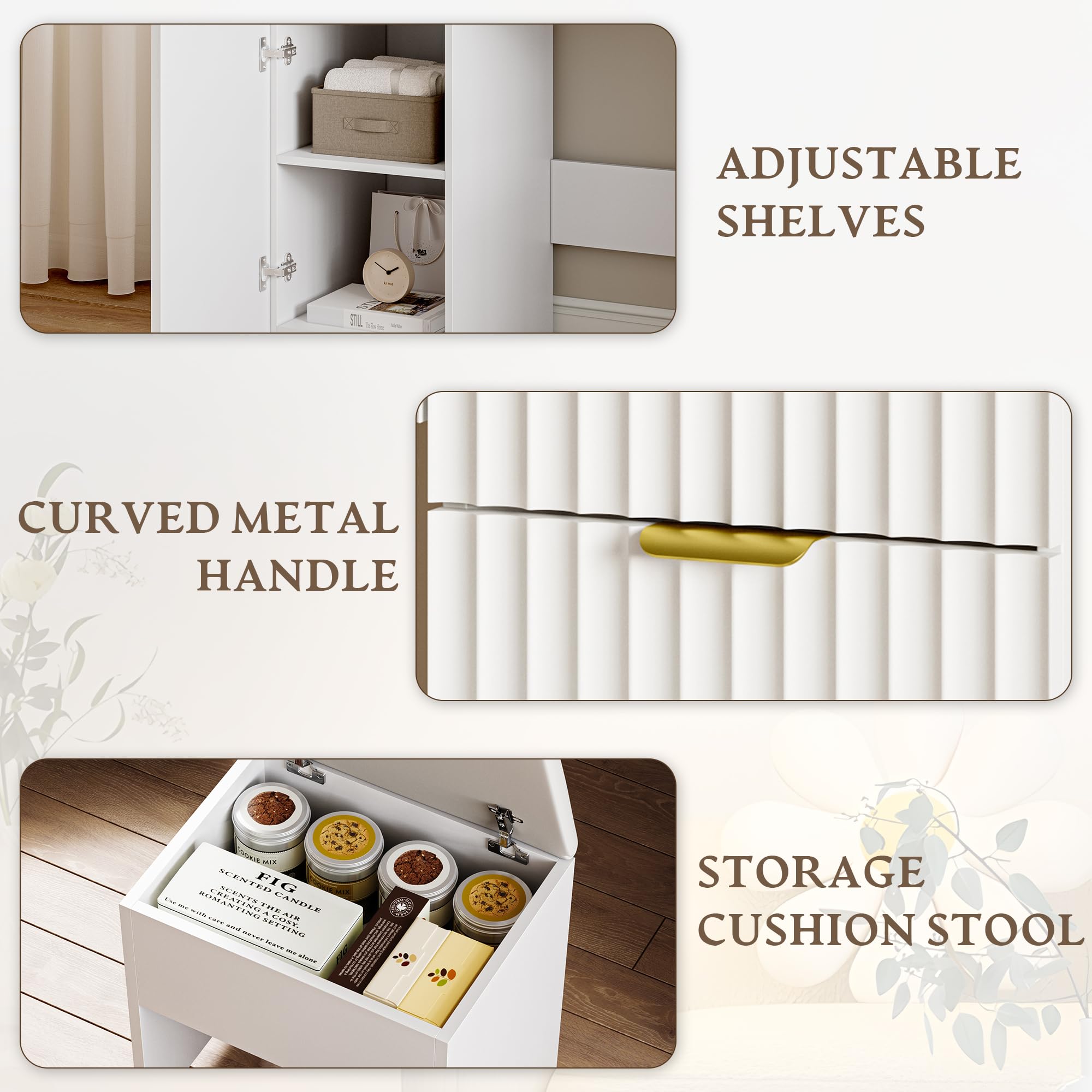 Makeup Vanity Desk with Mirror, Fluted Panel, Large LED Mirror, 3 Lighting Modes & Adjustable Brightness, Charging Station, Dressing Table with Stool