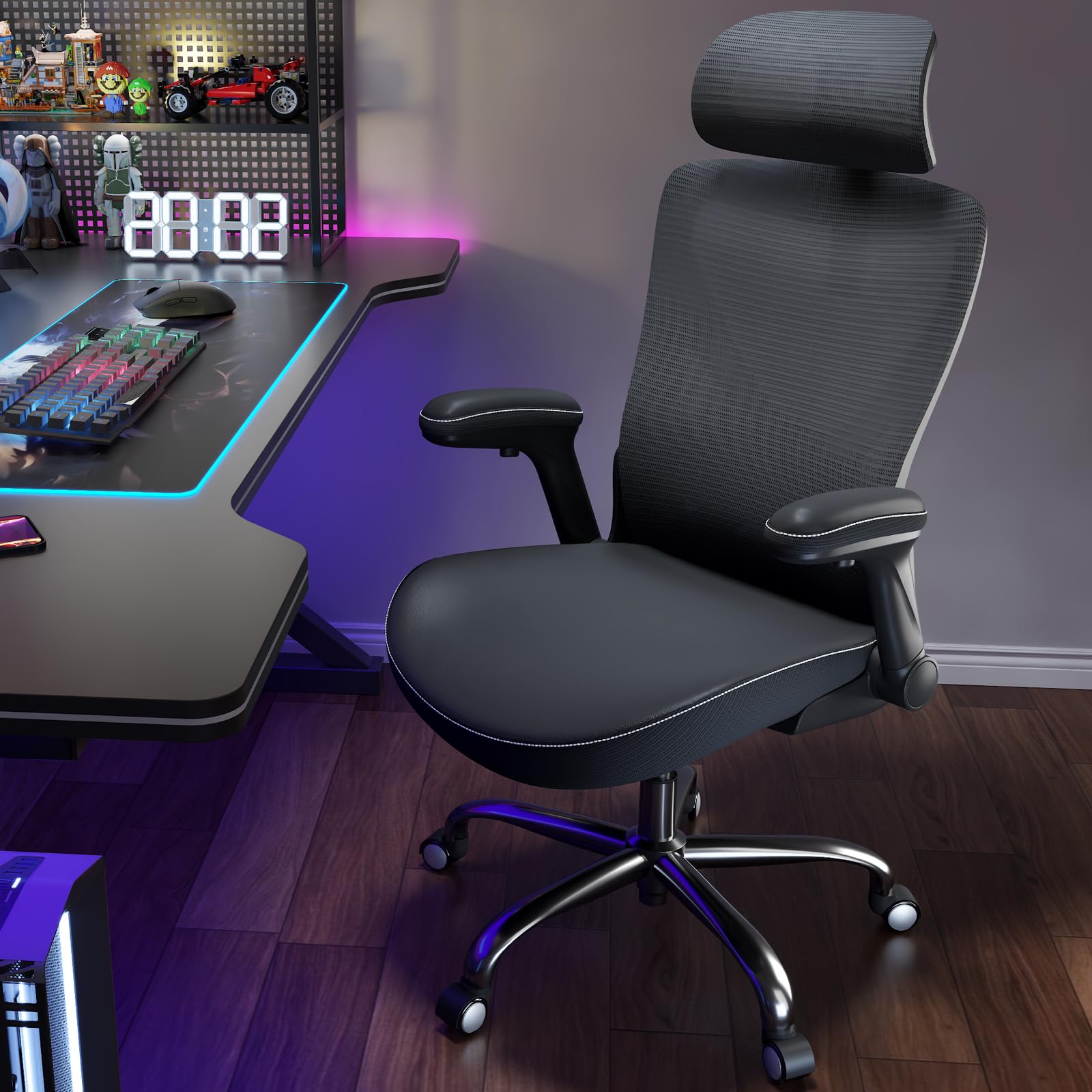 Ergonomic Desk Chair-Computer X-Shaped Chair Mesh PU Leather with Adjustable Lumbar Support-Executive Chair High Back with Headrest Flip-Up Arms for Long Hours