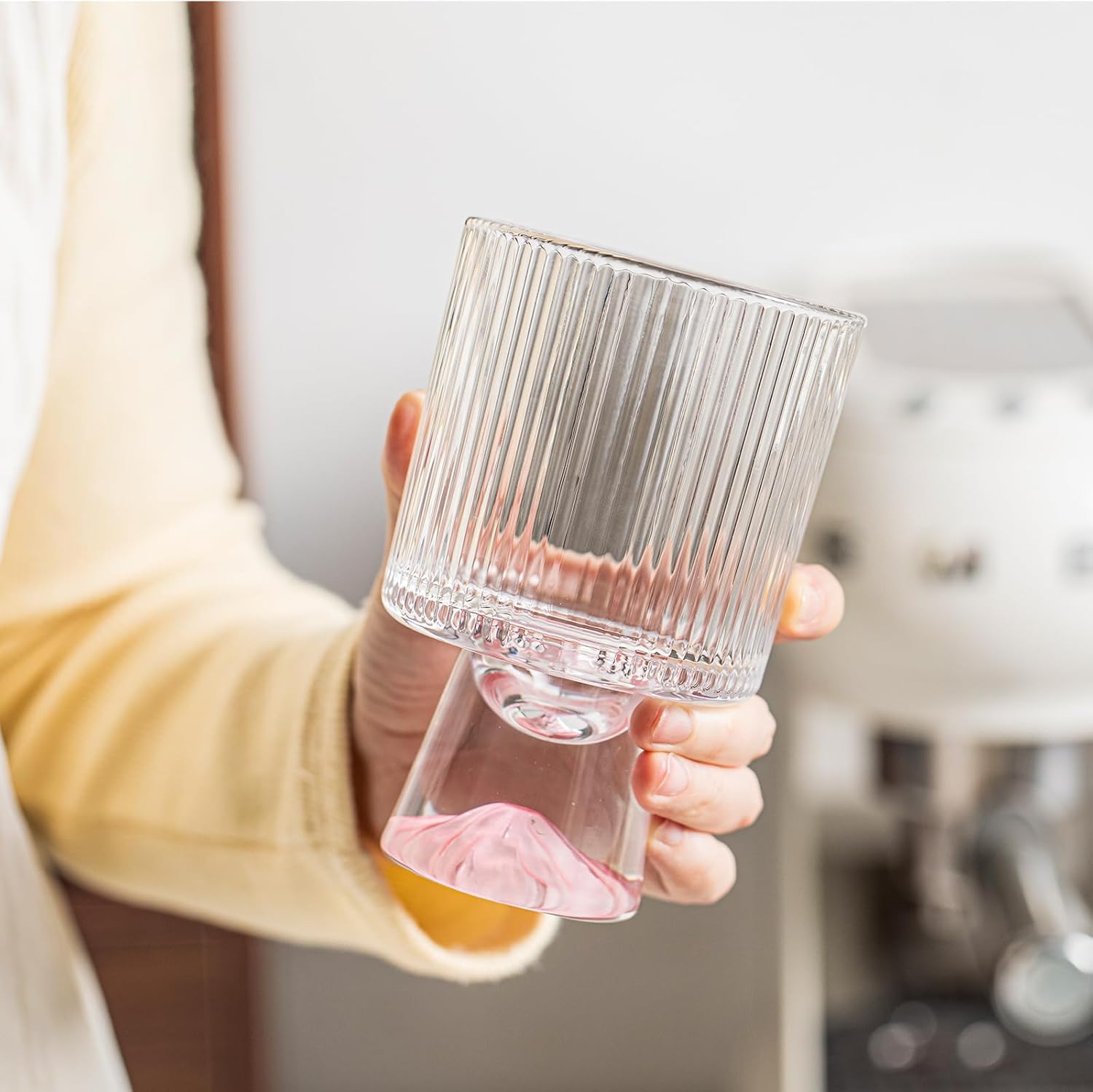 Durable Glass 4-Piece Clear Ribbed Cocktail Glasses, 12oz Featuring a Stabilizing Conical Base with a Pink Ombre Finish