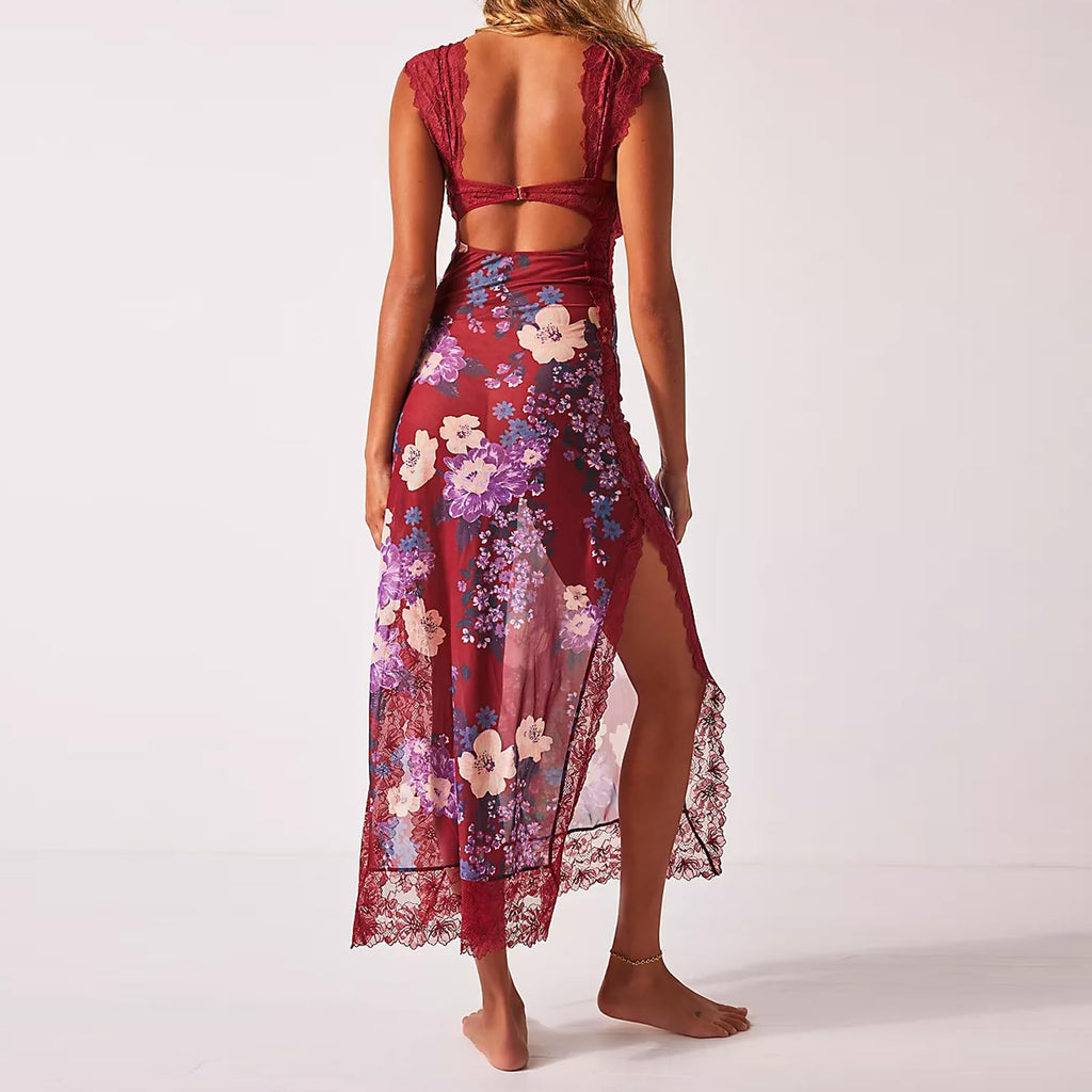 Women Sleeveless Maxi Dress Backless Bodycon Floral Printed Spaghetti Strap Long Dress Sheer Mesh Summer One-Piece