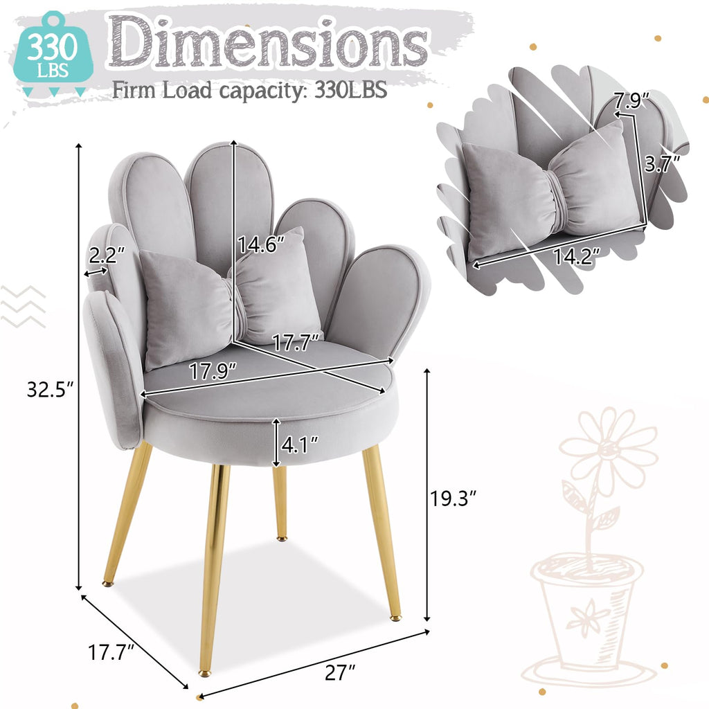 Cute, non-wheeled desk chair with backrest, fluffy cushion, cozy makeup chair with adjustable golden legs