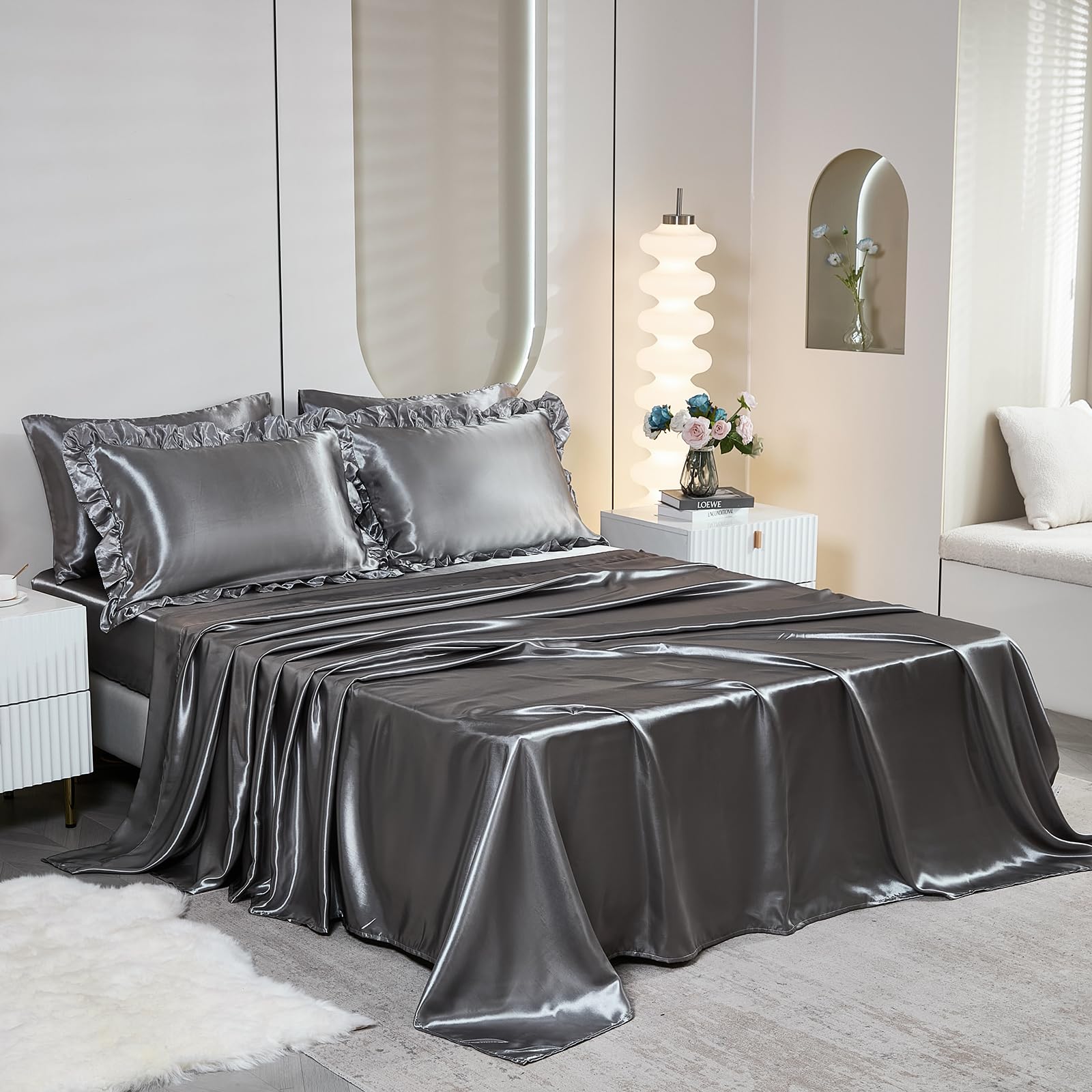 Ruffle Comforter Set 8 Pieces Satin Comforter Set with Sheet Set - Waterfall Ruffle Design Luxurious Silky Comforter Set