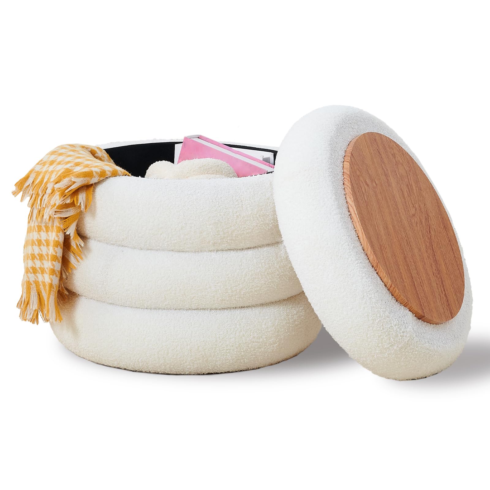 Round Storage Ottoman, Modern Sherpa Footstool with Flip-Top