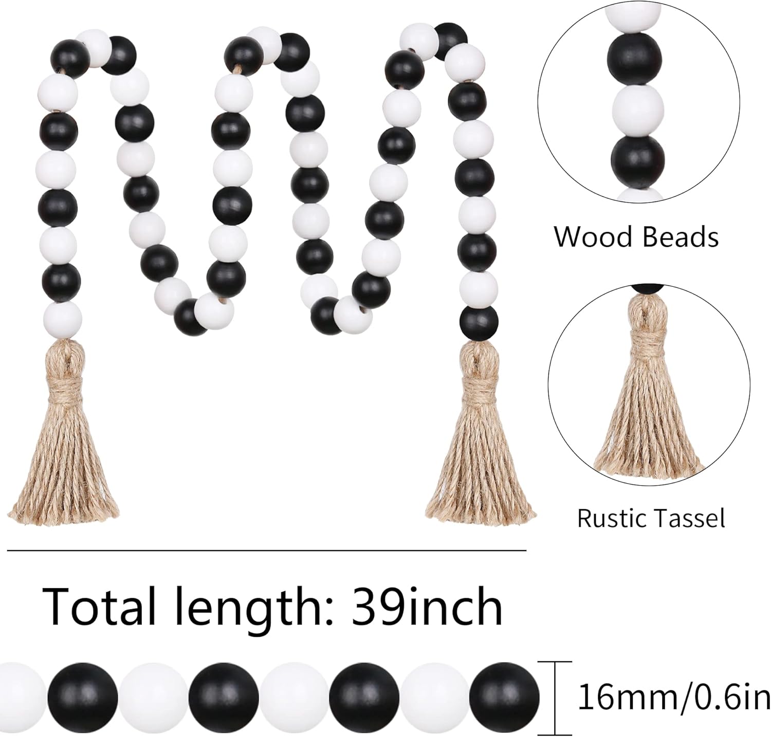 Wood Bead Garland,39in Farmhouse Beads with Tassels Boho Beads for Tiered Tray Decorative Beads Home Decor