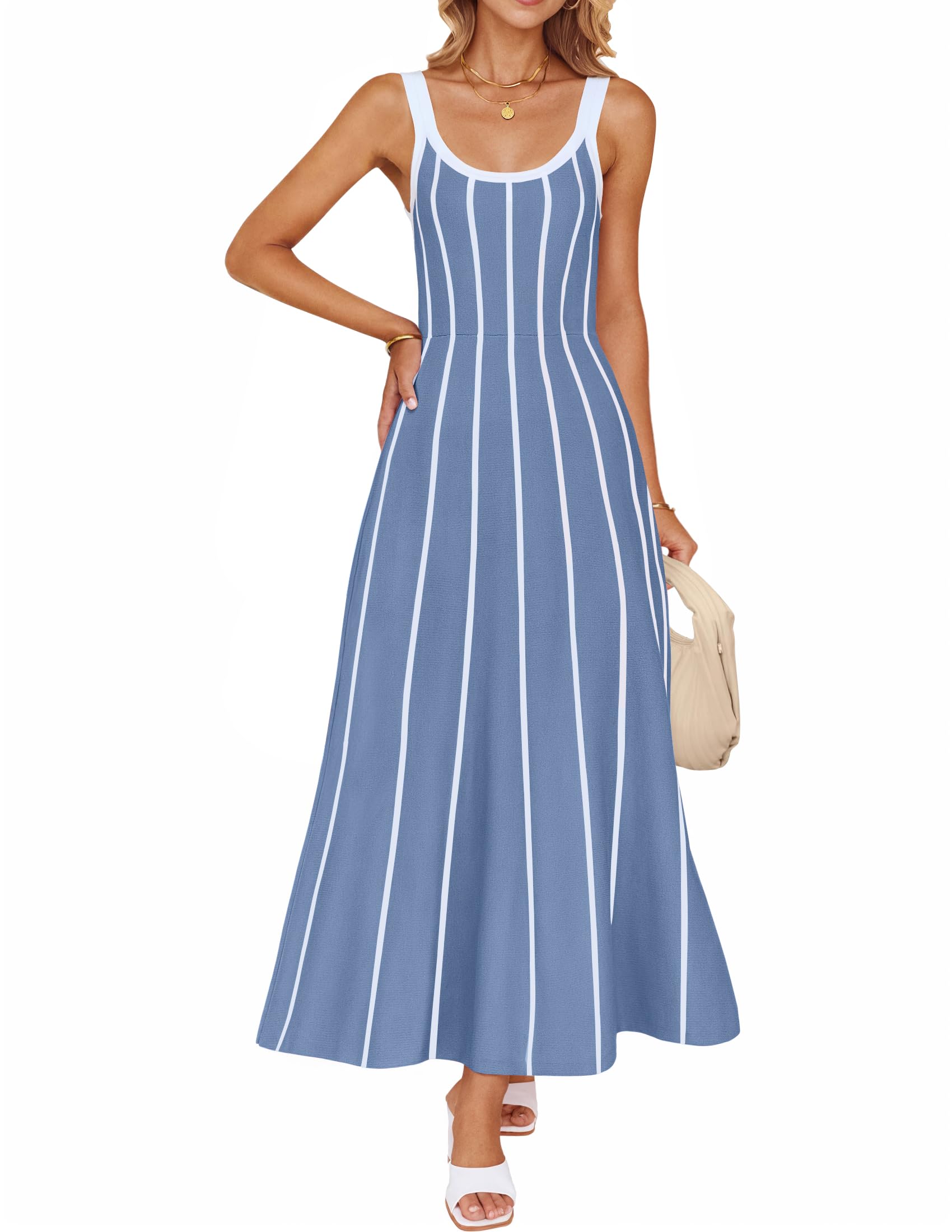Wome's Summer Sleeveless Striped Midi Dress 2025 Knit Casual Elegant A Line Swing Long Dresses