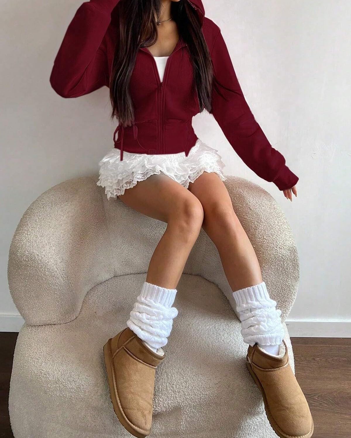 Women's Lace Patchwork Bow Zip-Up Crop Hoodie â€?Y2K Coquette Fleece Casual Hooded Sweatshirt