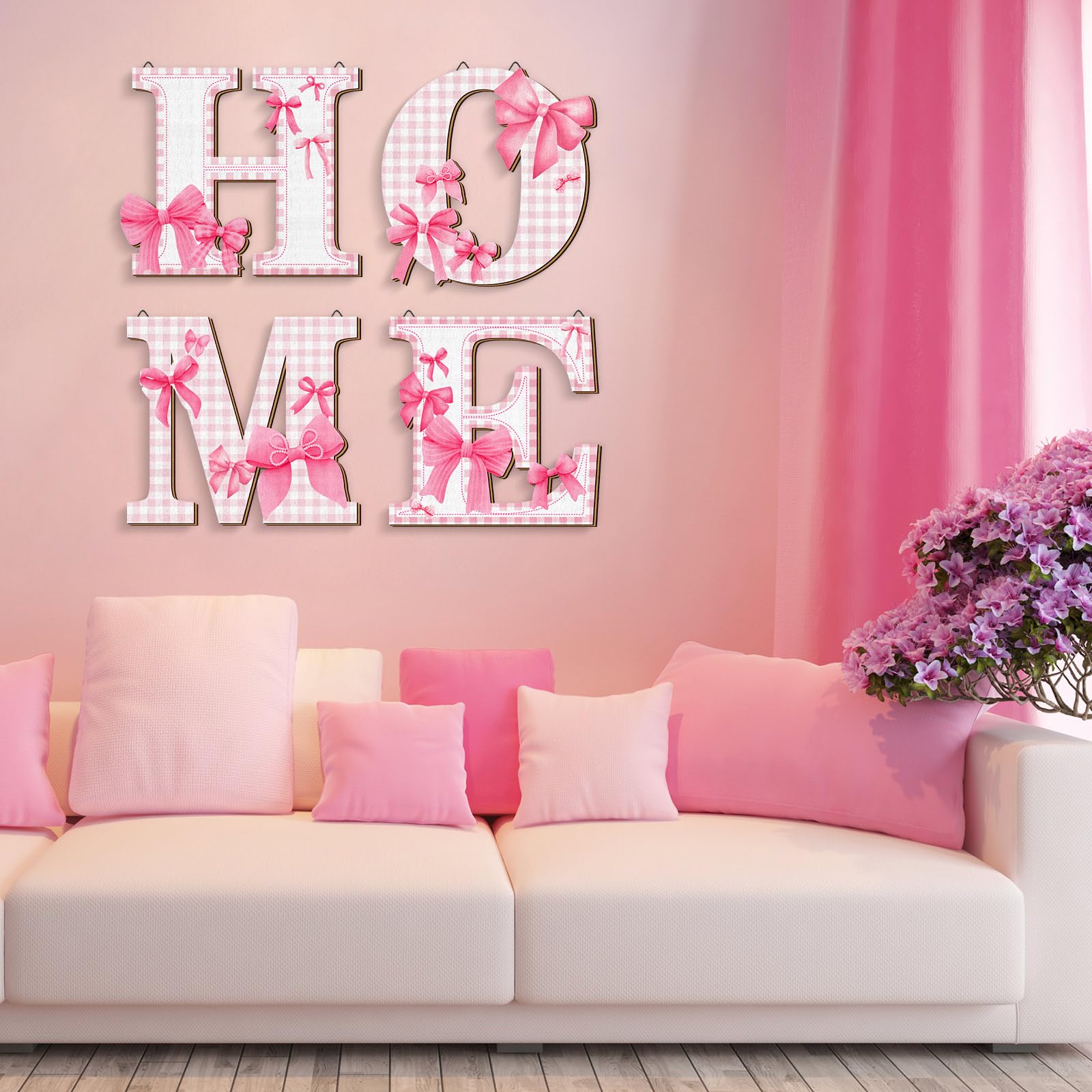 Pink Bow Home Sign Coquette Pink Bow Wall Decor 4 Pcs