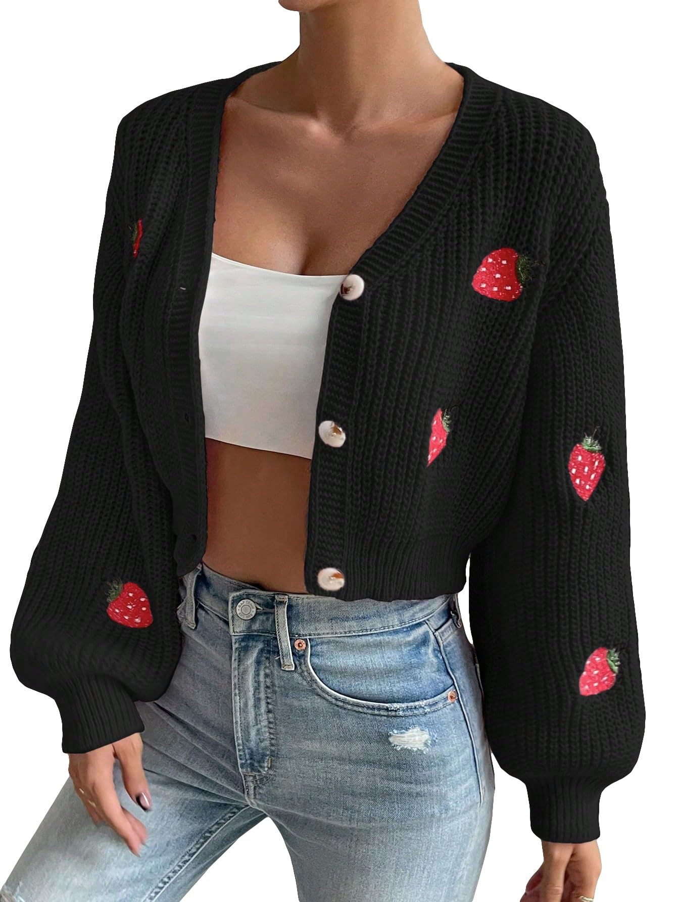 Women's Strawberry Embroidery Crop Cardigan Drop Shoulder Button Up Sweater Tops V Neck Outerwear