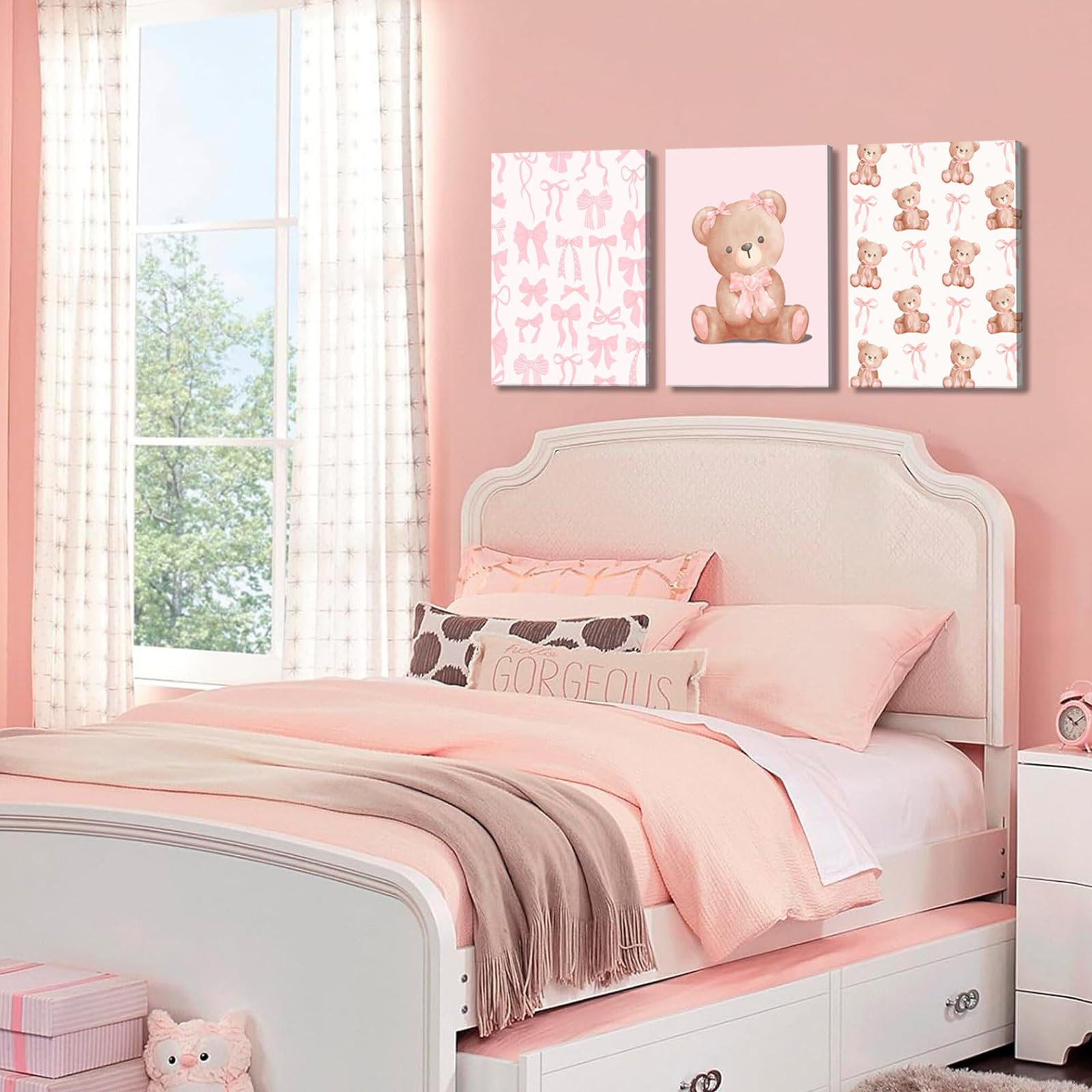 Pink Teddy Bear Wall Art Coquette Bow Wall Decor Pictures Cute Animal Nursery Canvas Posters Prints 3Pcs