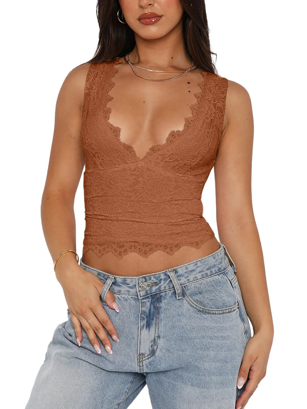 Women's Sexy V-Neck Sleeveless Lace Cropped Tank Top â€?Y2K Trendy Double-Lined