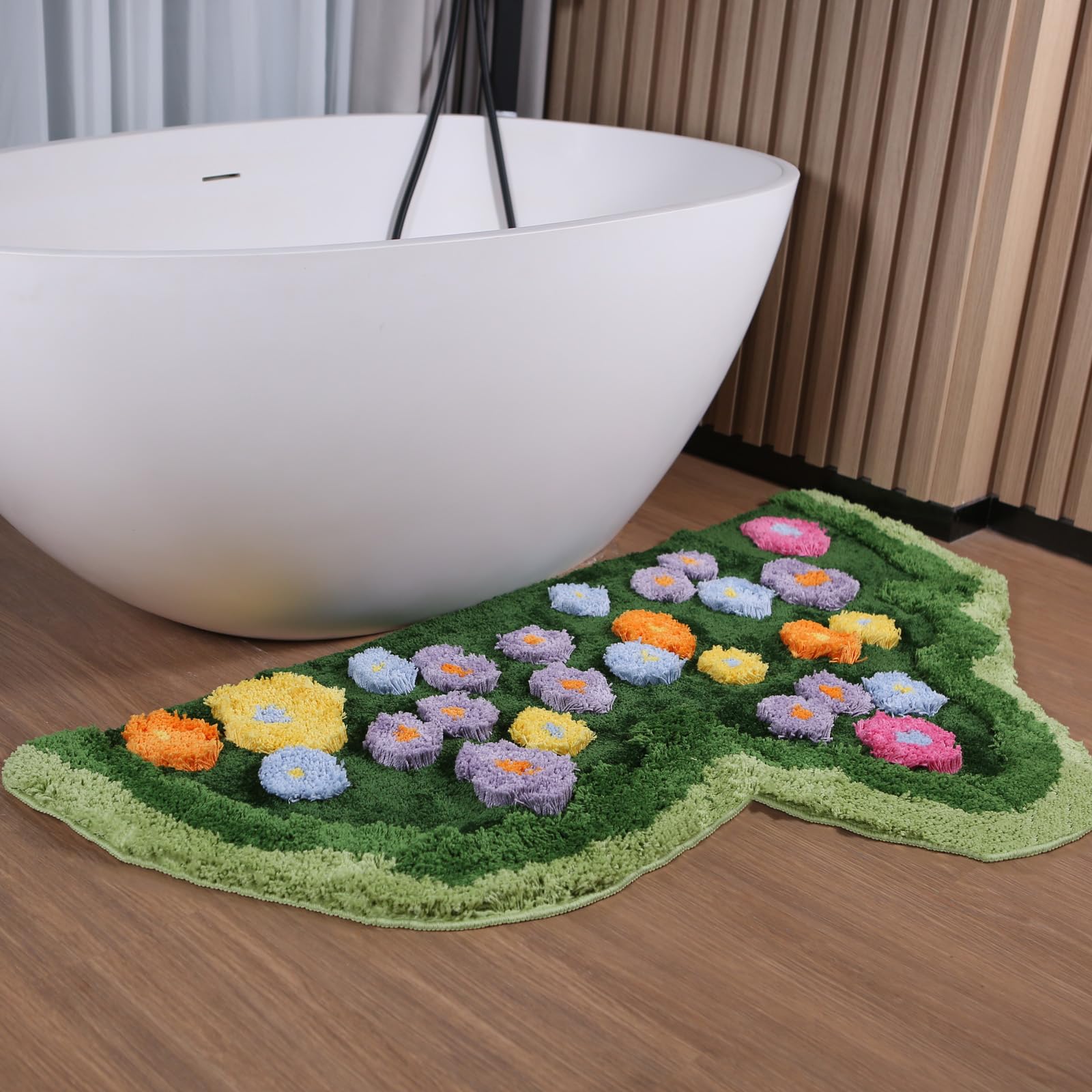 Moss Green Toilet Rugs, Luxury Tufted Extra Thick U-Shaped Toilet Rug,Cute Flower Green Moss Bath Mat Non Slip - Washable Water Absorbent Shag Bathroom Rugs for Bath