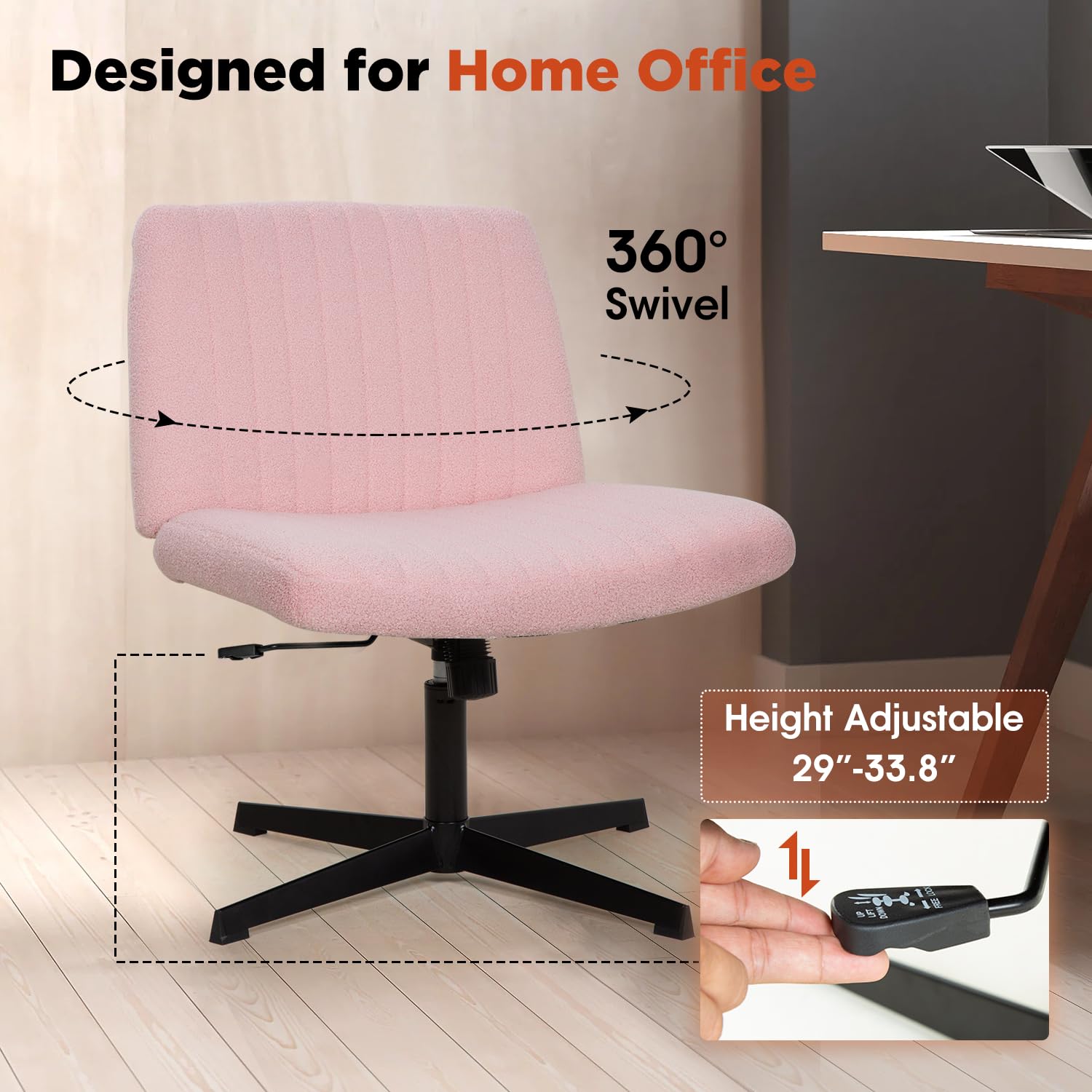 Criss Cross Chair, Armless Cross Legged Wide Comfty Desk Chair with No Wheels Modern Height Adjustable, Swivel Fabric Vanity Chair