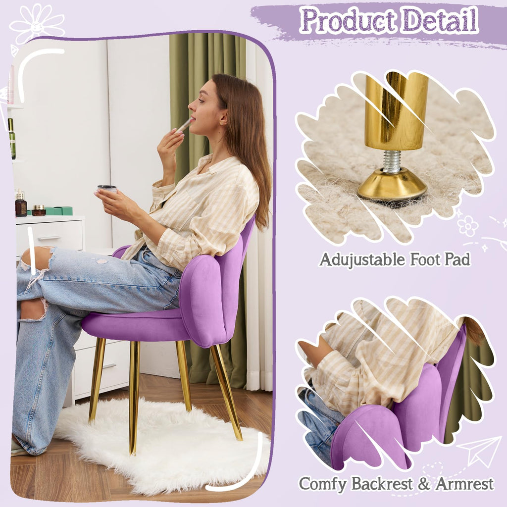 Cute, non-wheeled desk chair with backrest, fluffy cushion, cozy makeup chair with adjustable golden legs