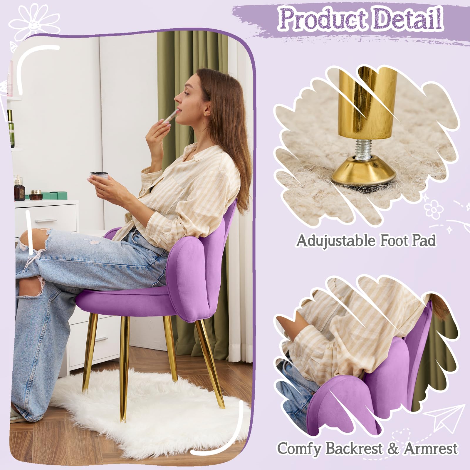 Cute, non-wheeled desk chair with backrest, fluffy cushion, cozy makeup chair with adjustable golden legs