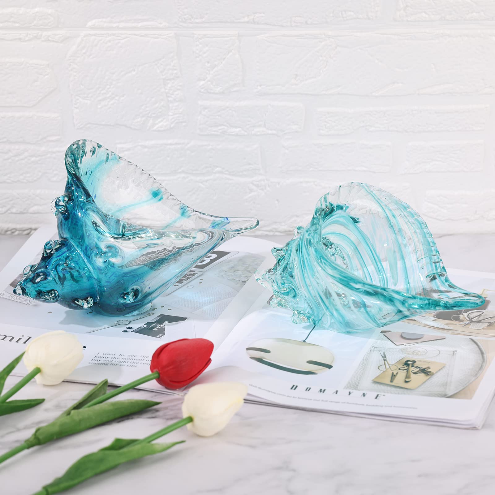Hand Blown Glass Conch - Coastal Home Decor Conch Corners, Glass Art Conch Sculptures, Office Decor Blown Glass Art, Living Room Table Centerpieces, Bathroom Shelf Tops And Cabinet Decor