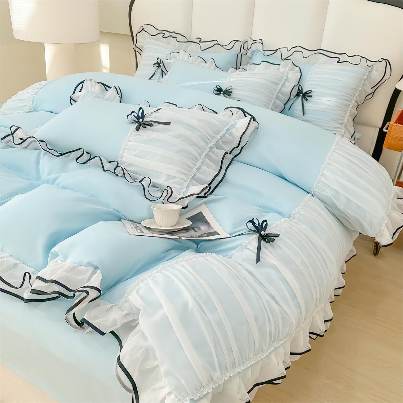 Duvet Cover Ruffle Beddding Set with Bowtie - 3 Pieces Comforter Cover Set with Zipper Closure & Pillowcase - Comforter Not Included
