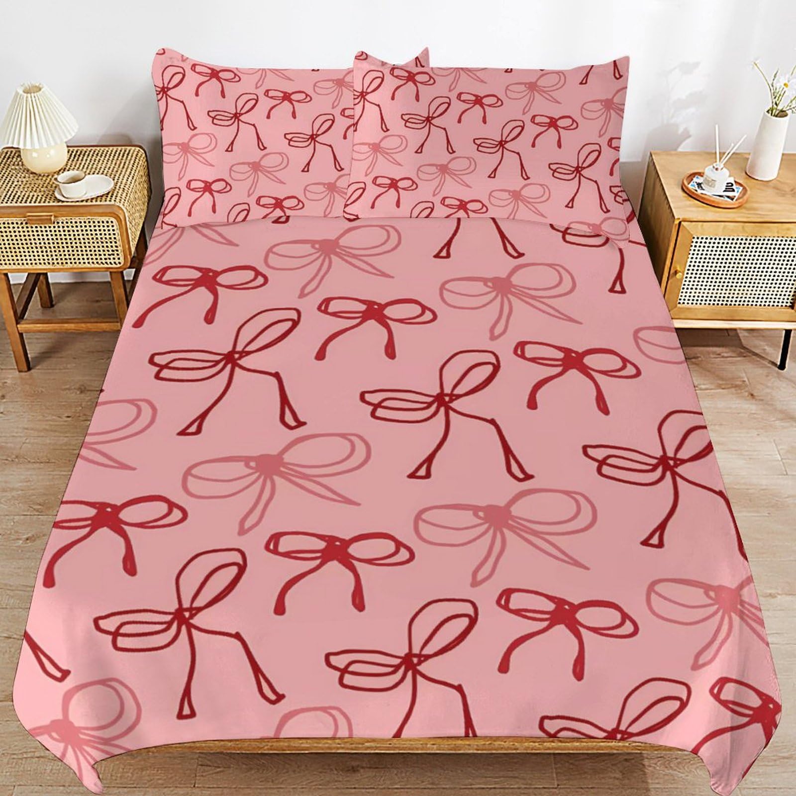 Pink Red Bow Comforter Set Duvet Cover Quilt Cover Set Ultra Soft Bed Cover (1 Duvet Cover+2 Pillowcases)