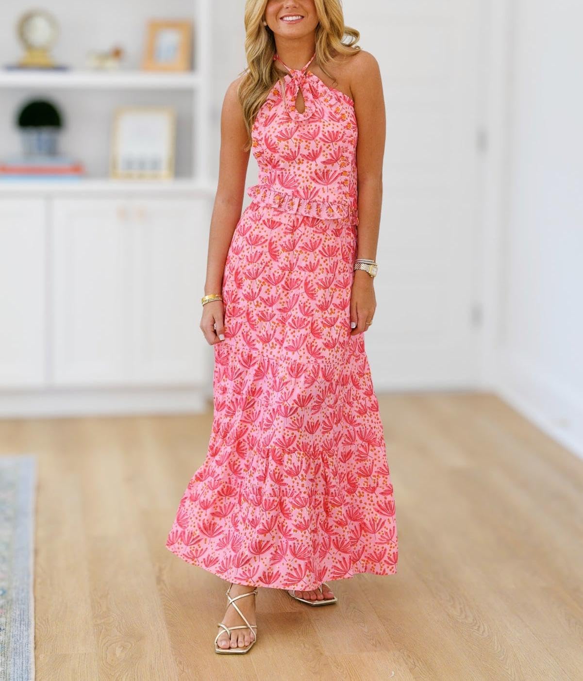 Womens 2 Piece Maxi Skirt Set Y2k Halter Ruched Cami Top Tiered Flowy Ruffle Skirt Outfit