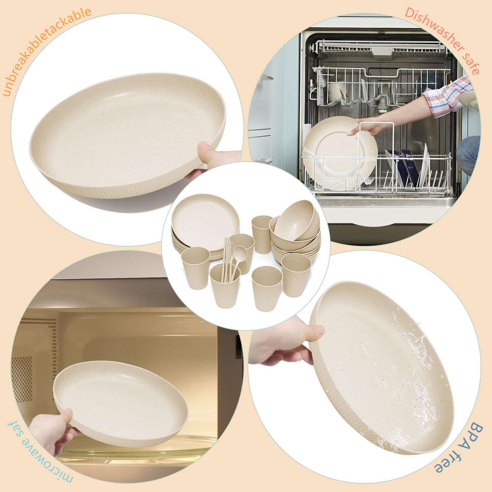 Wheat Straw Dinnerware Sets -36 Piece Unbreakable Dinnerware Sets for 6, Wheat Straw Plates and Bowls Set, Lightweight