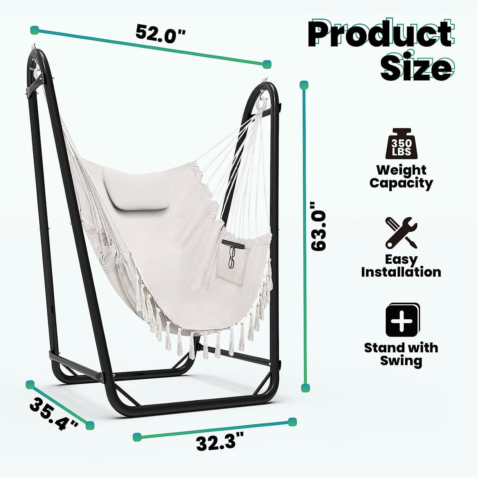 Hammock Chair with Stand,Heavy-Duty Hanging Chair with Stand for Indoor Outdoor, Sturdy Swing Chair Stand Max Load 350 pounds (Hammock Chair Included)