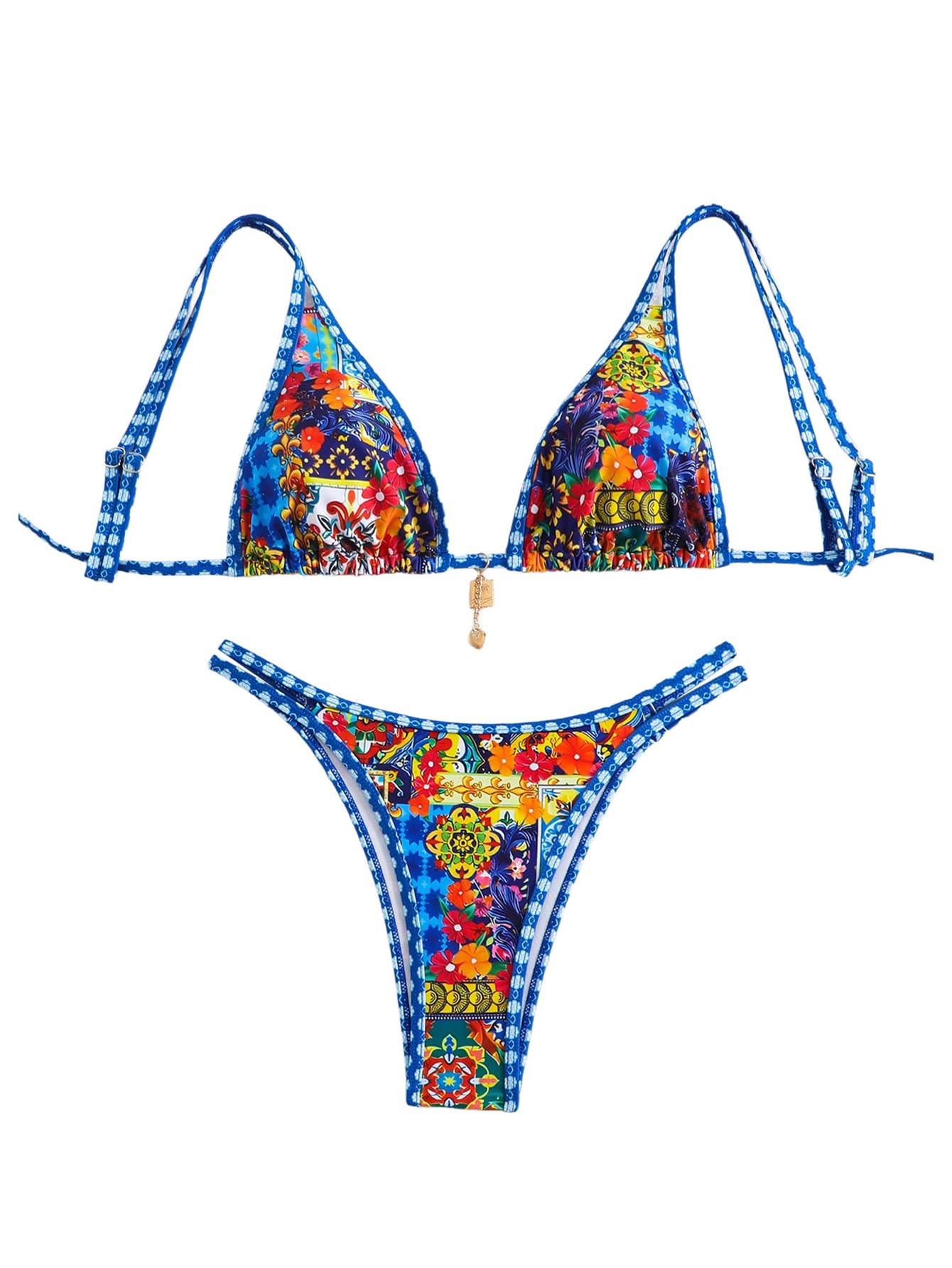 Women's Boho Floral Tie Side Triangle High Cut Bikini Set Bathing Suit Swimsuit