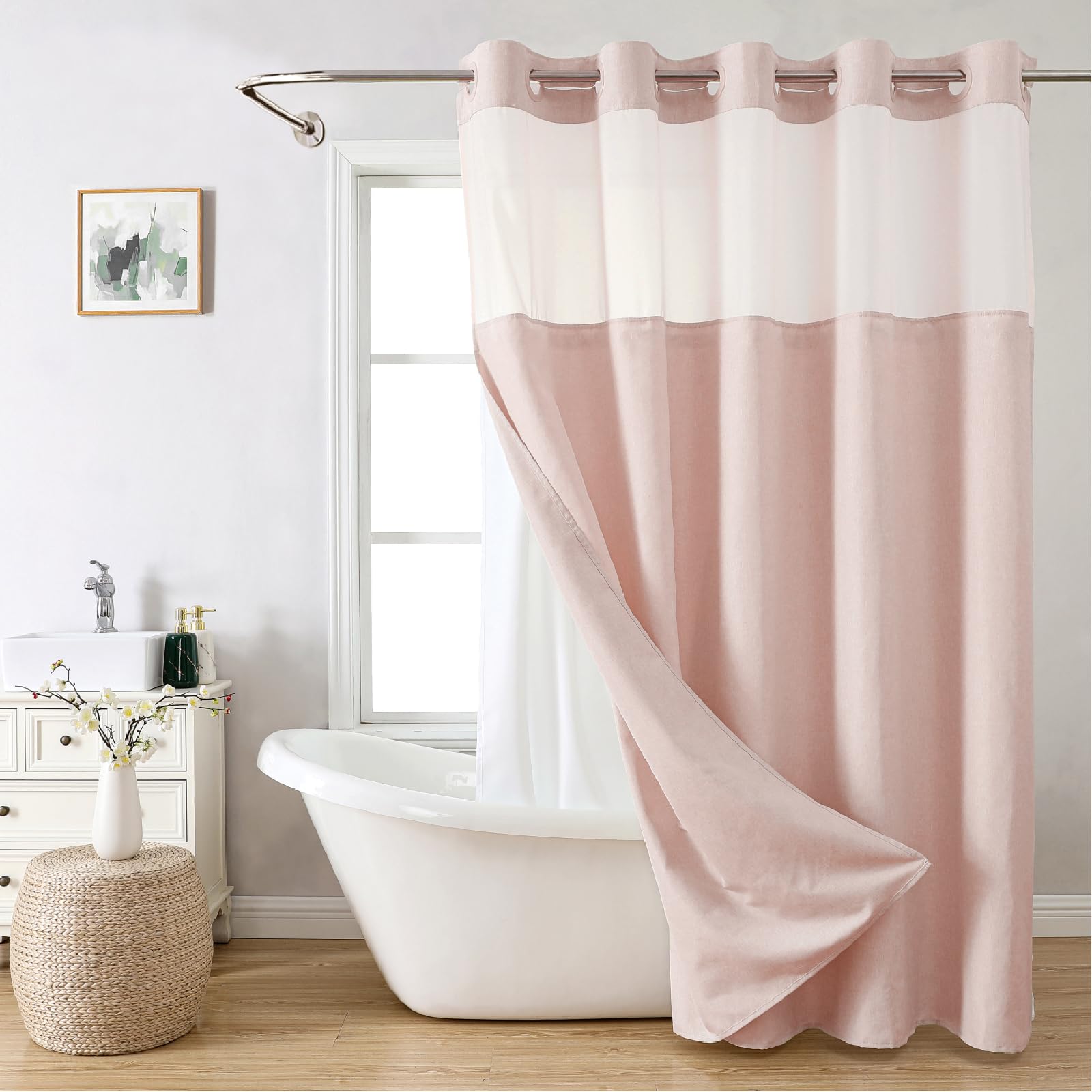No Hooks Needed Linen Textured Shower Curtain with Snap-in Fabric Liner Set, Luxury Decor Shower Curtains for Bathroom with Mesh Top Window, Waterproof & Washable