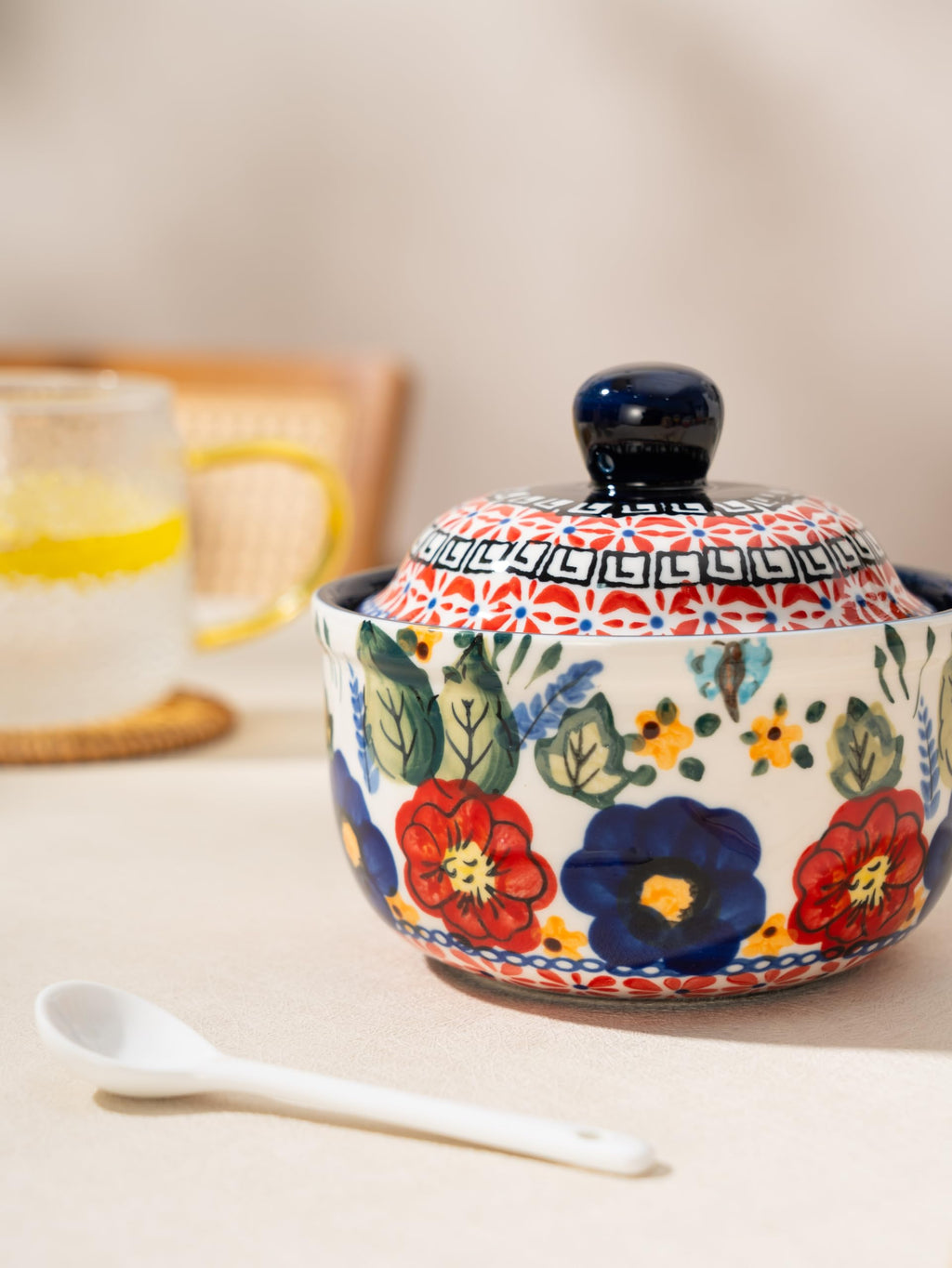 Handmade Sugar Bowl with Lid and Spoon, 10 Ounce Ceramic Hand-Painted Sugar Jar for Kitchen Oven, Dishwasher & Microwave Safe, Glazed
