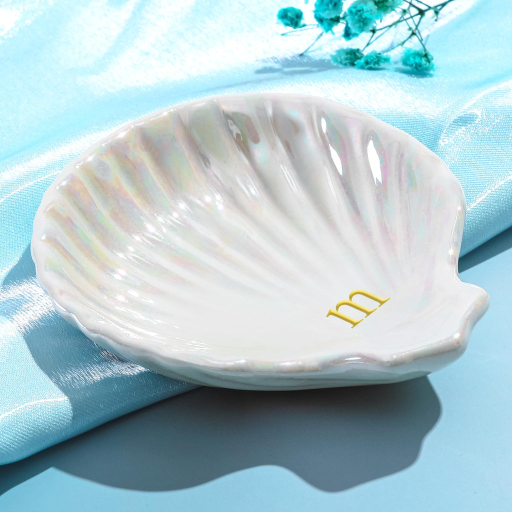 Monogrammed Shell Ceramic Ring Tray Trinket Dish Jewelry Plate Tray
