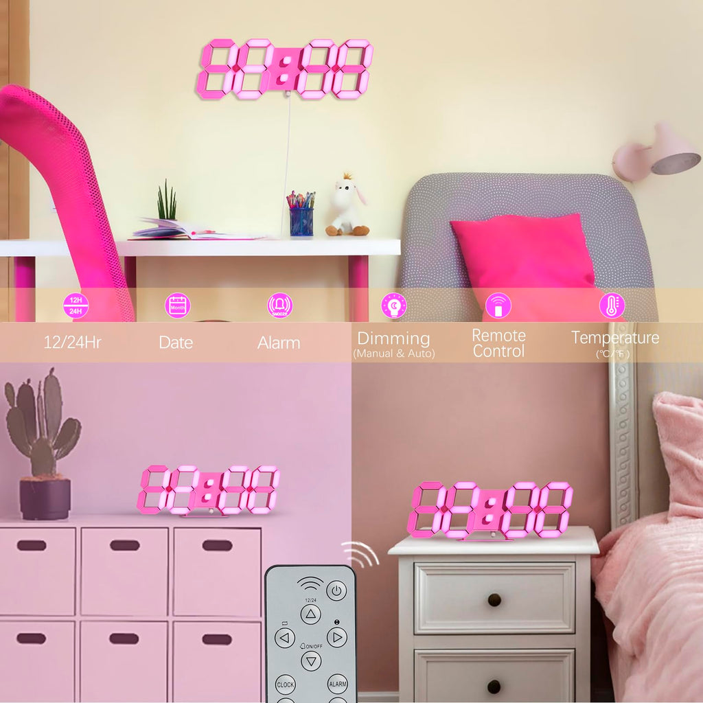 LED 3D Wall Clock 9.7" Clock with Remote/Dimming/12/24H/Temp/Alarm Clock/Date